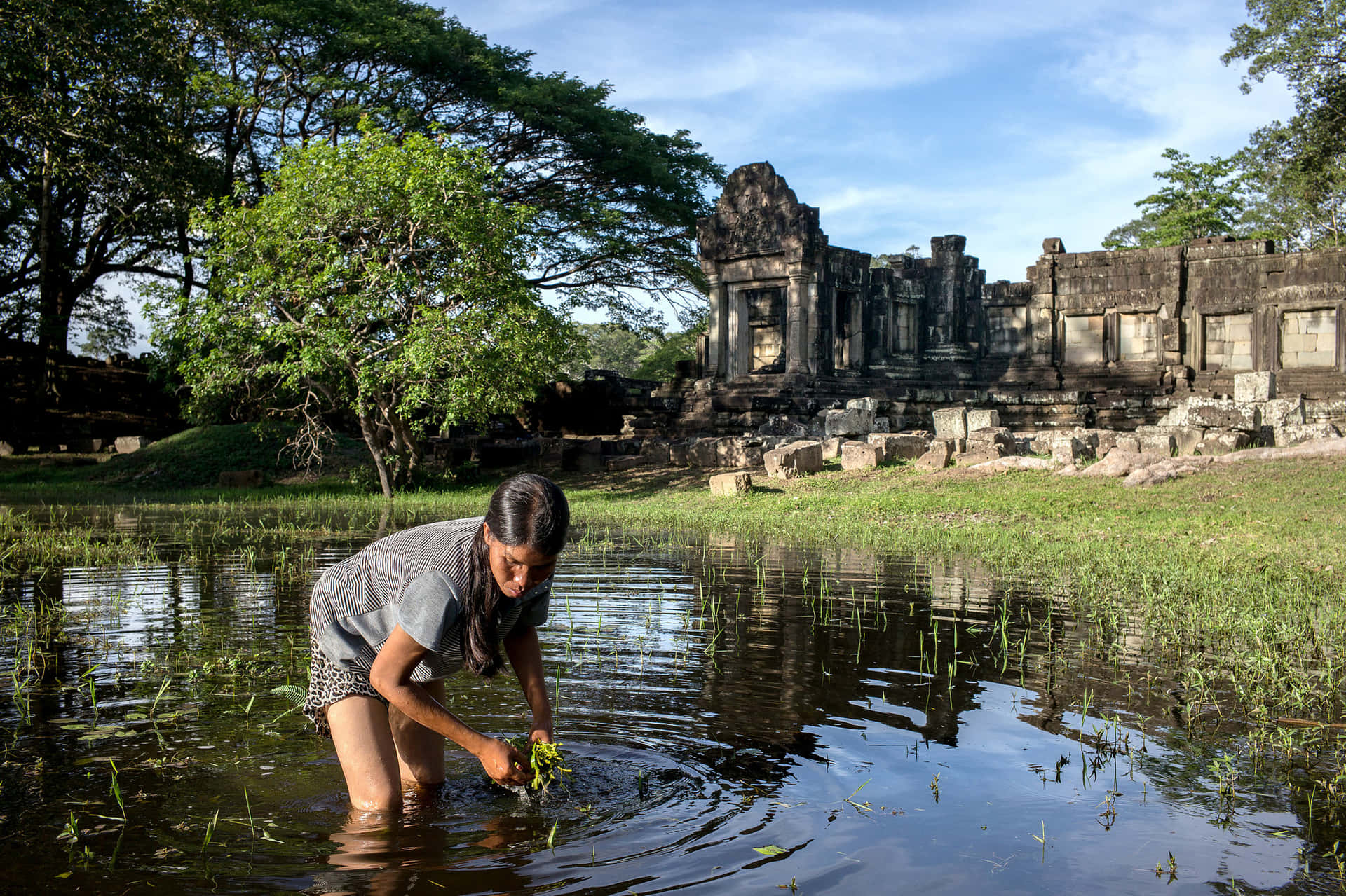 Man In Water In Angkor Thom Background