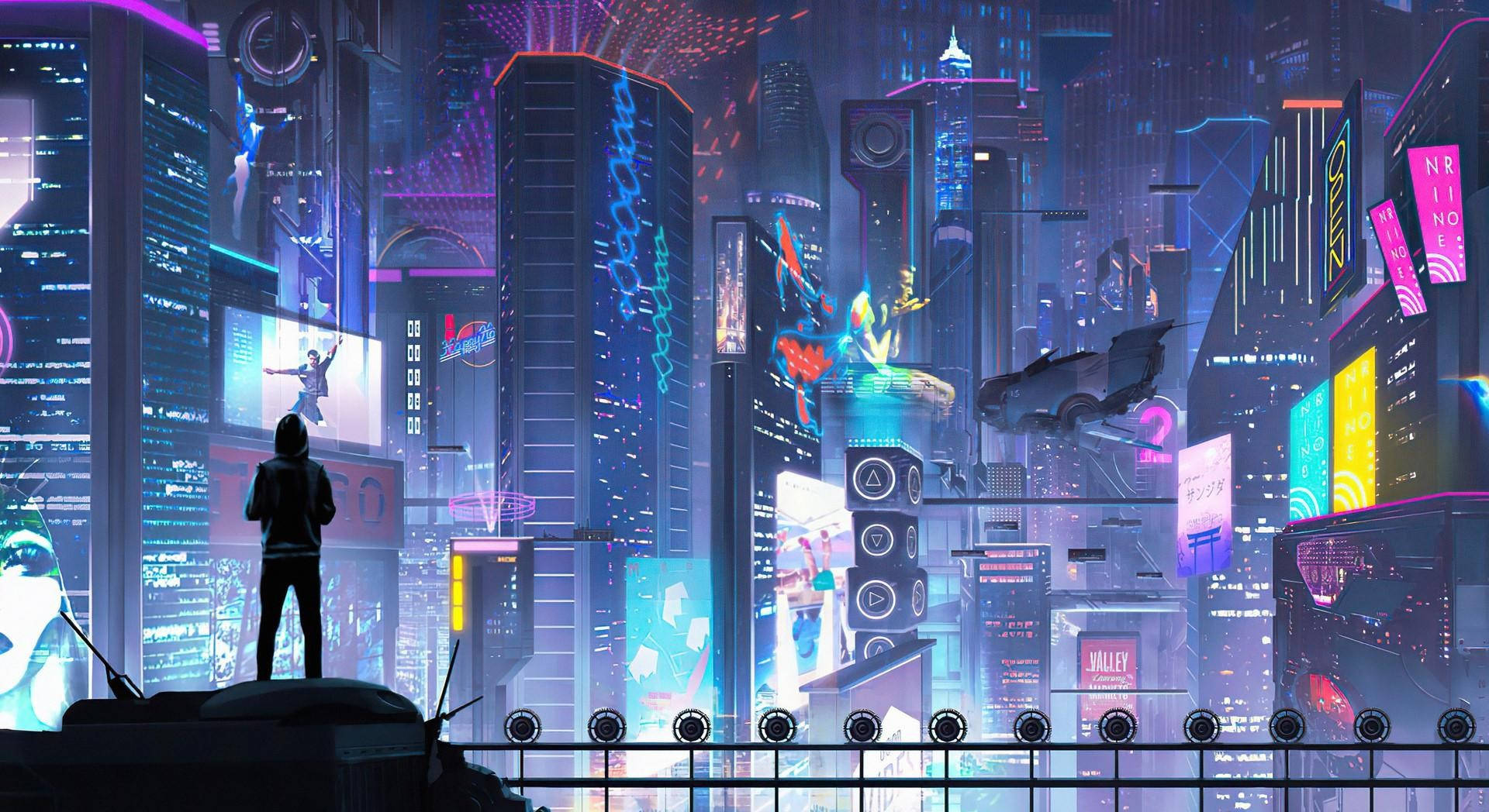 Man Looking At Futuristic Desktop City Background