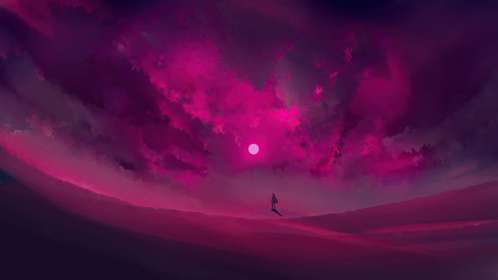 Man Looking At Pink Moon Background