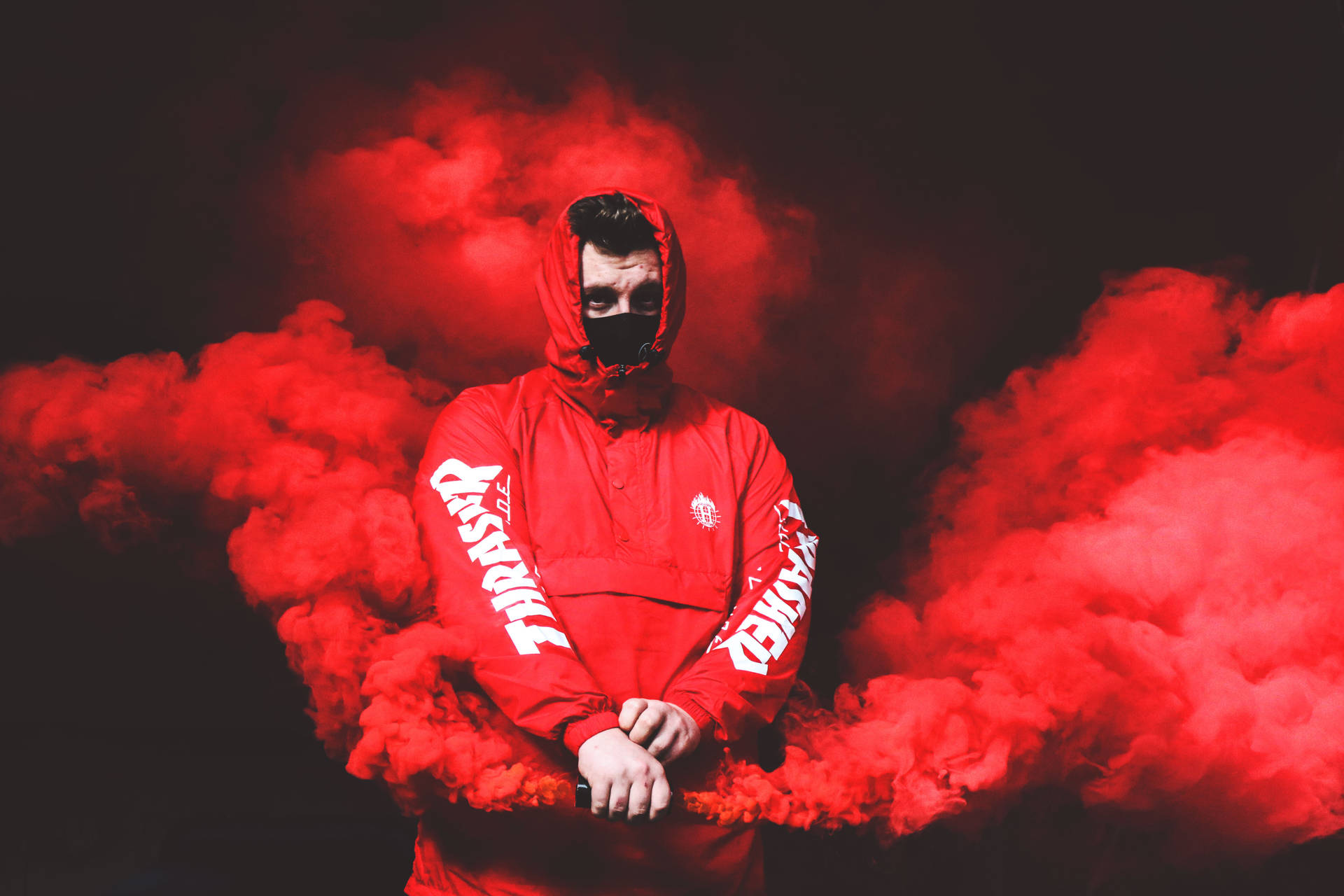 Man, Mask, Hood, Smoke, Red Background