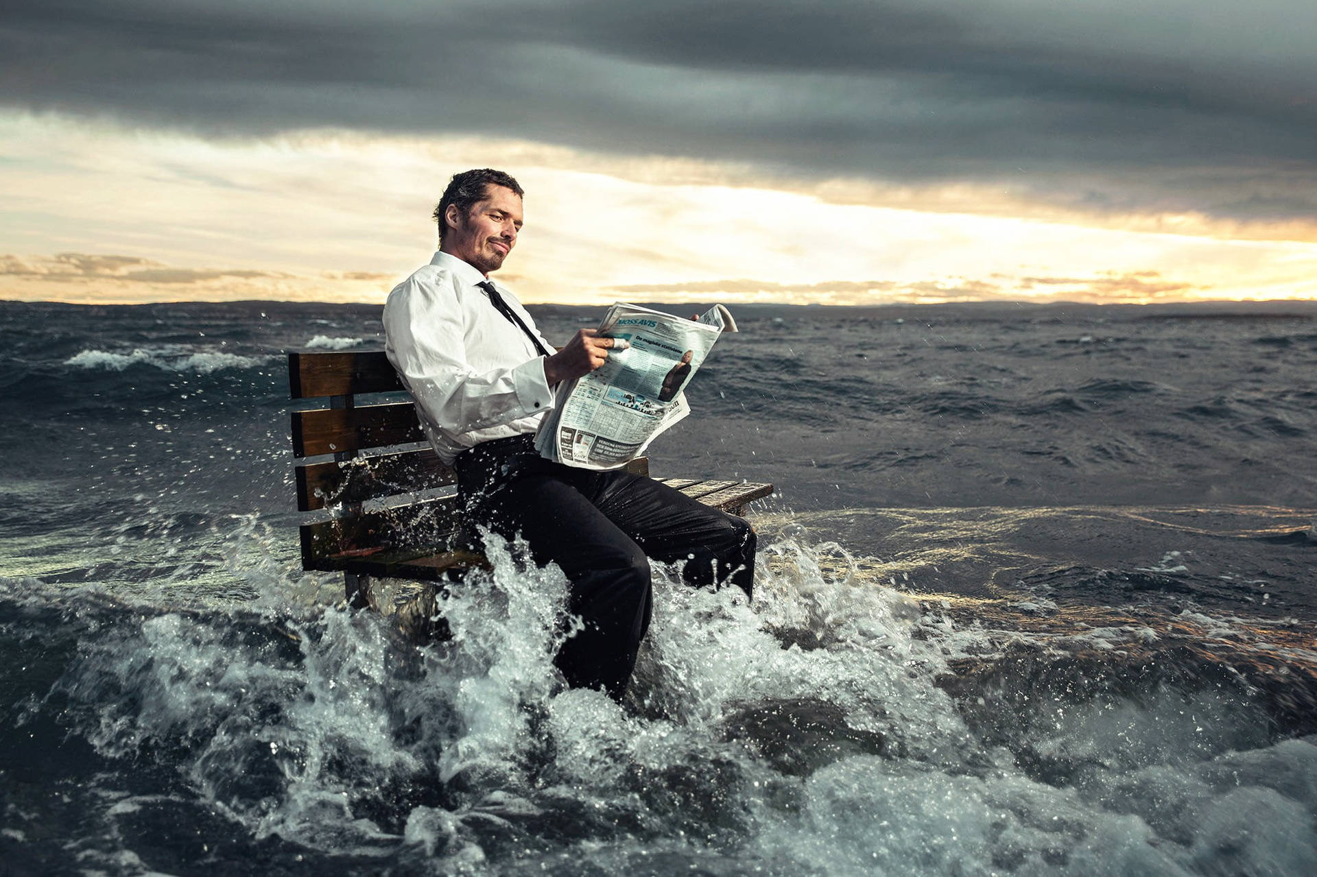 Man Newspaper Submerged In Water