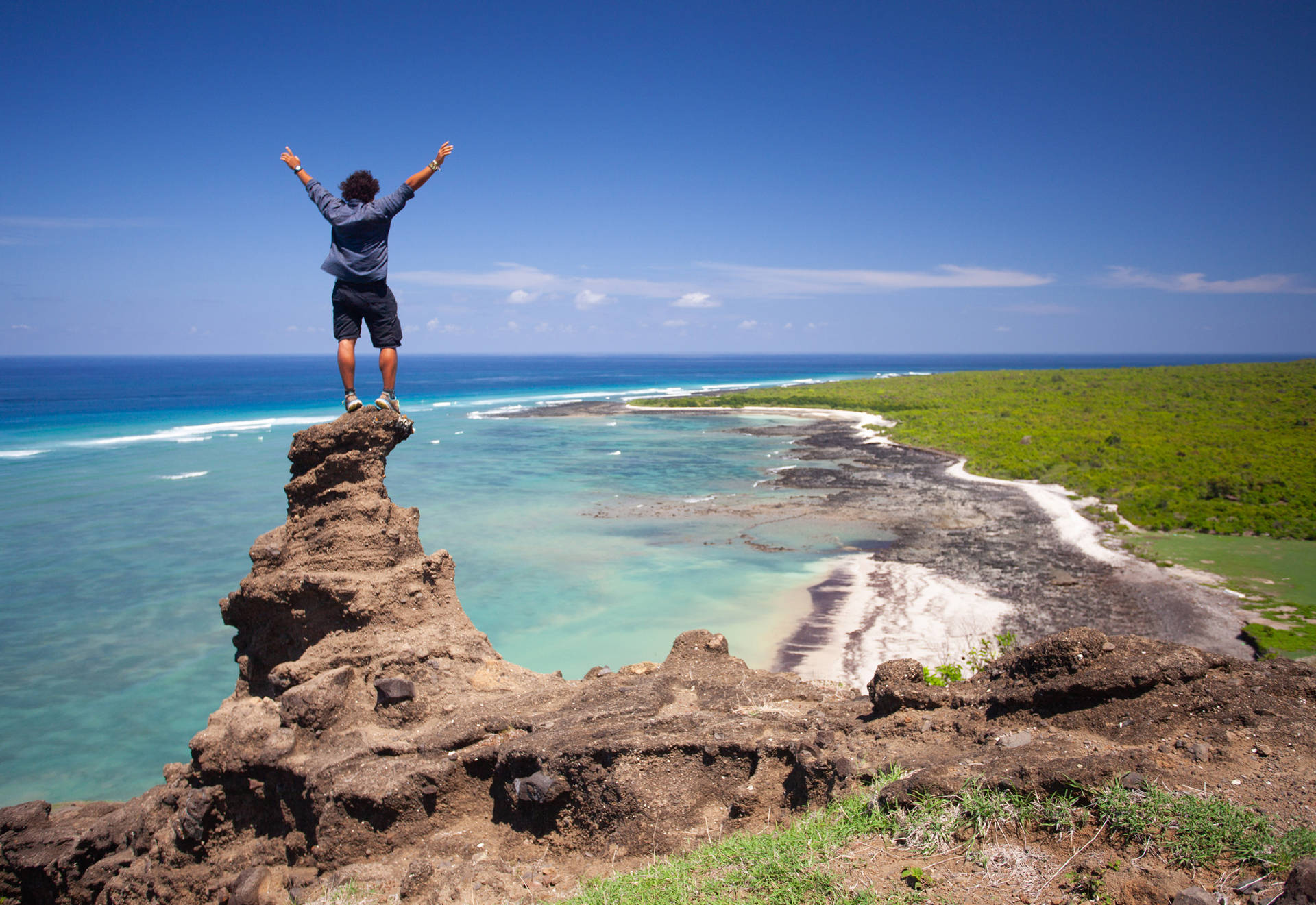 Man On Cliff Plage Gountsini Comoros Background