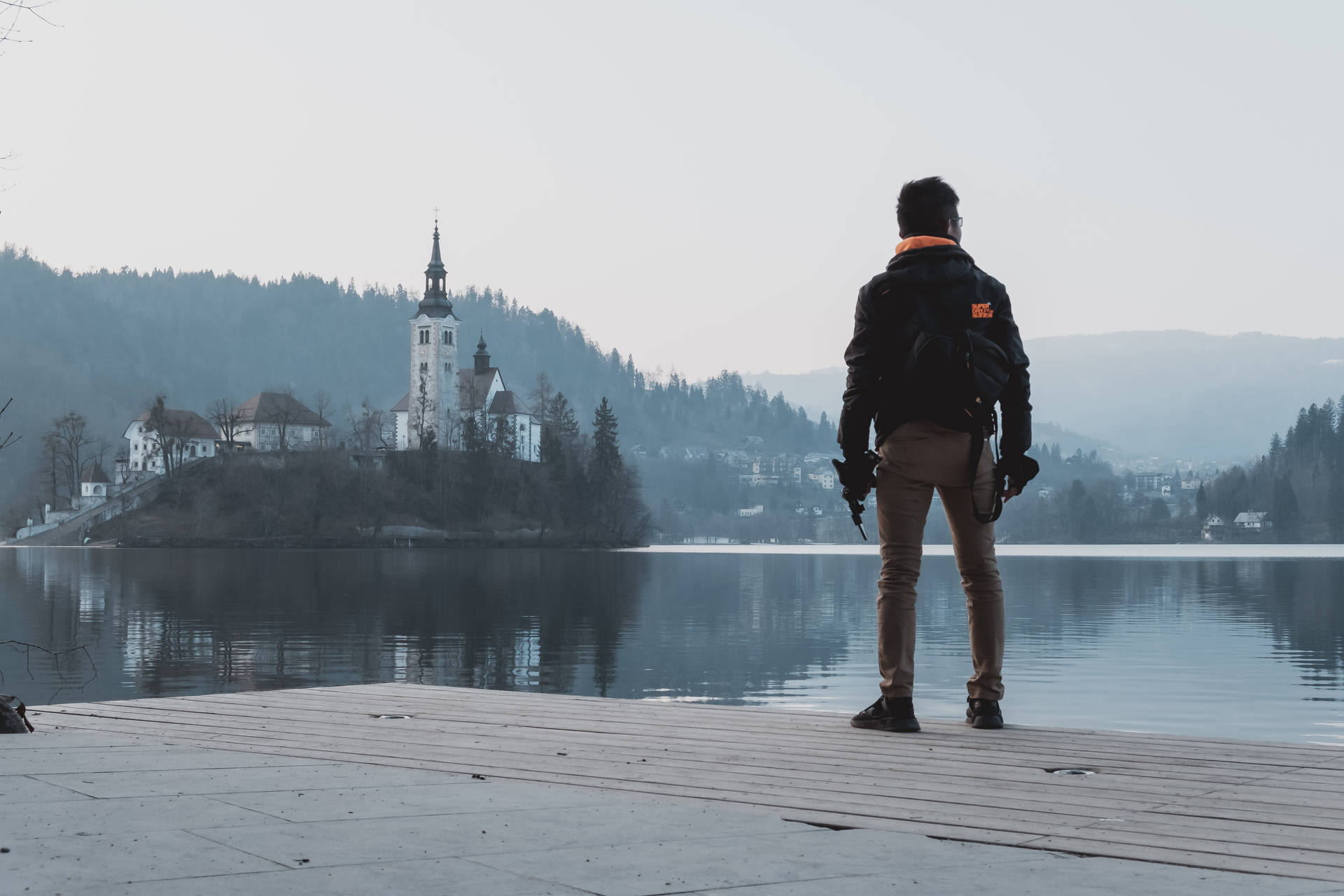Man On Lake Bled Slovenia Background