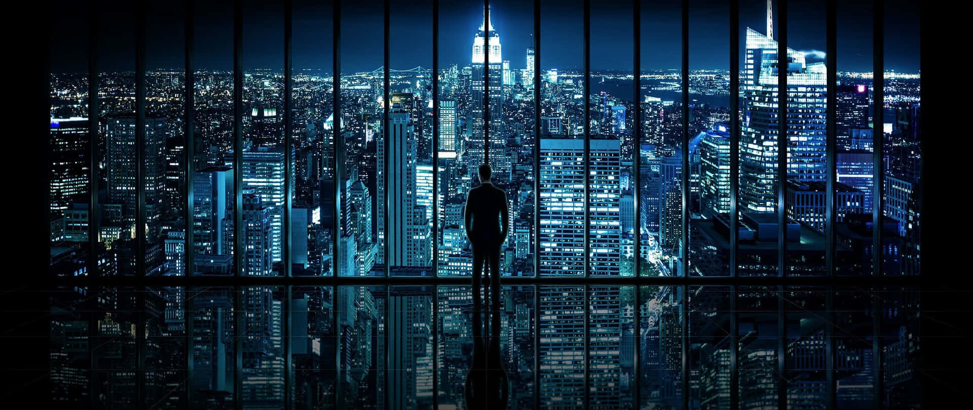 Man Overlooking Night Cityscape Super Ultra Wide Background