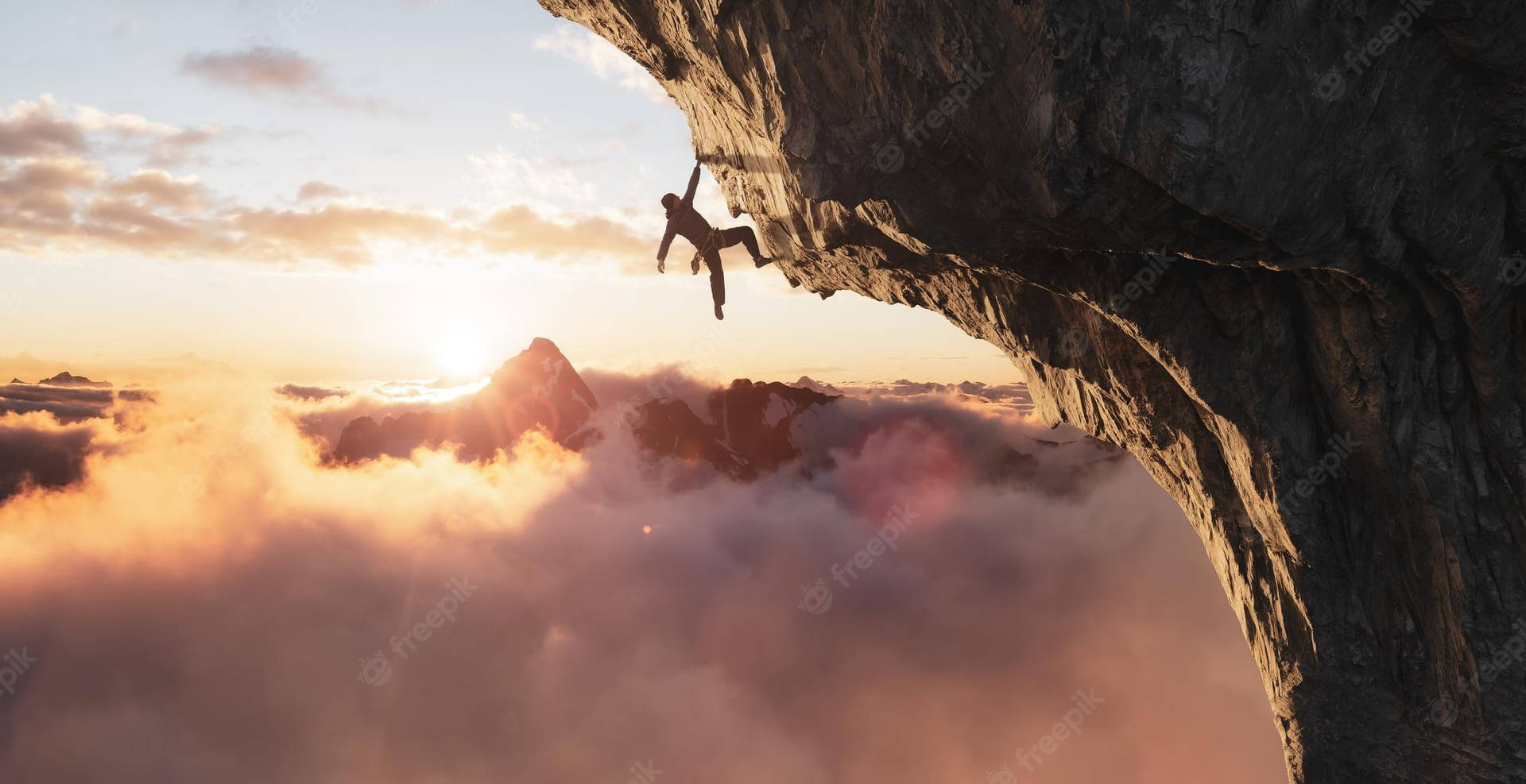 Man Rock Climbing Over A Foggy Mountain View Background