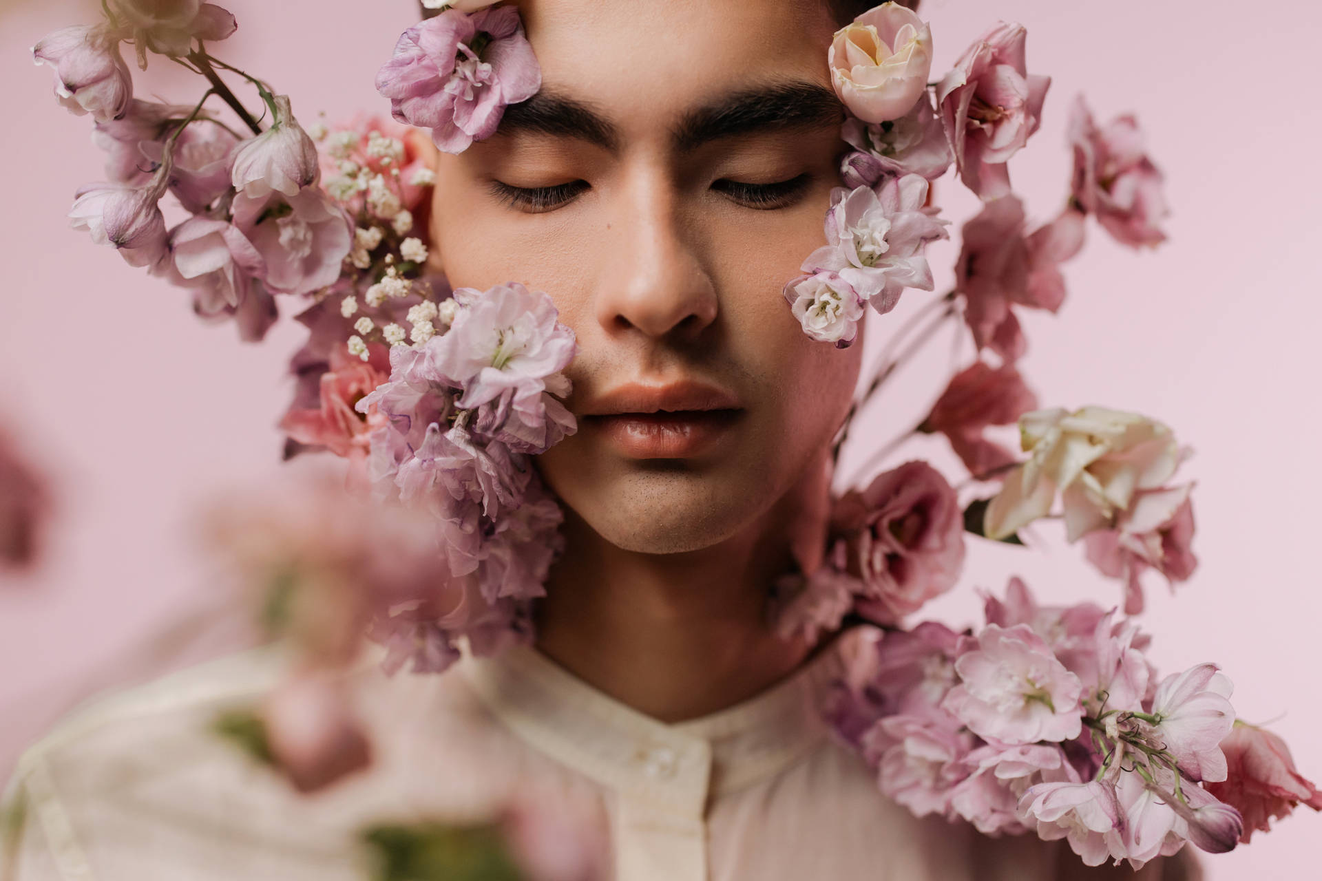 Man's Face With Pink Flowers Aesthetic Background