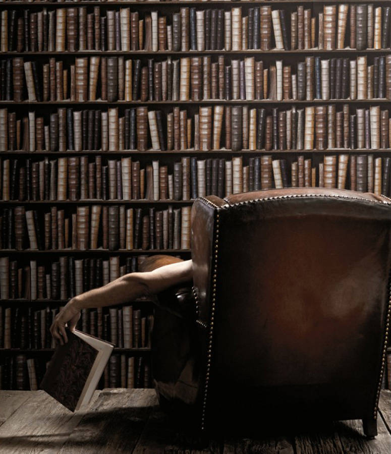 Man Selecting Book From Large Bookshelf Background