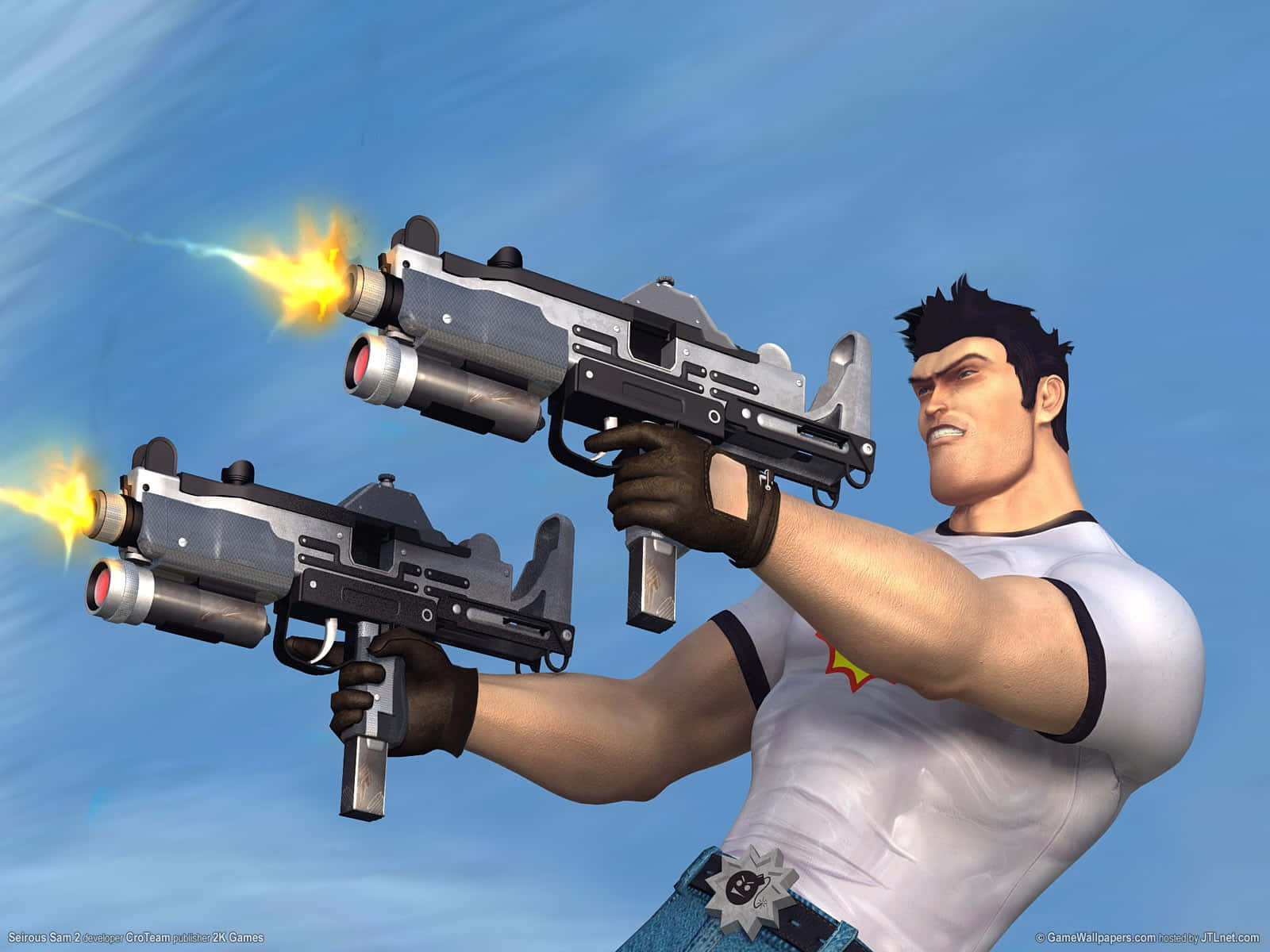 Man Shooting Guns With A Serious Face Background
