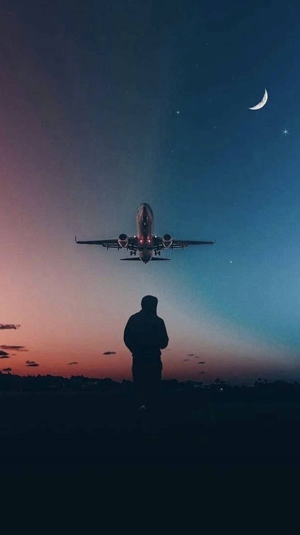 Man Silhouette And Flying Airplane Android Background