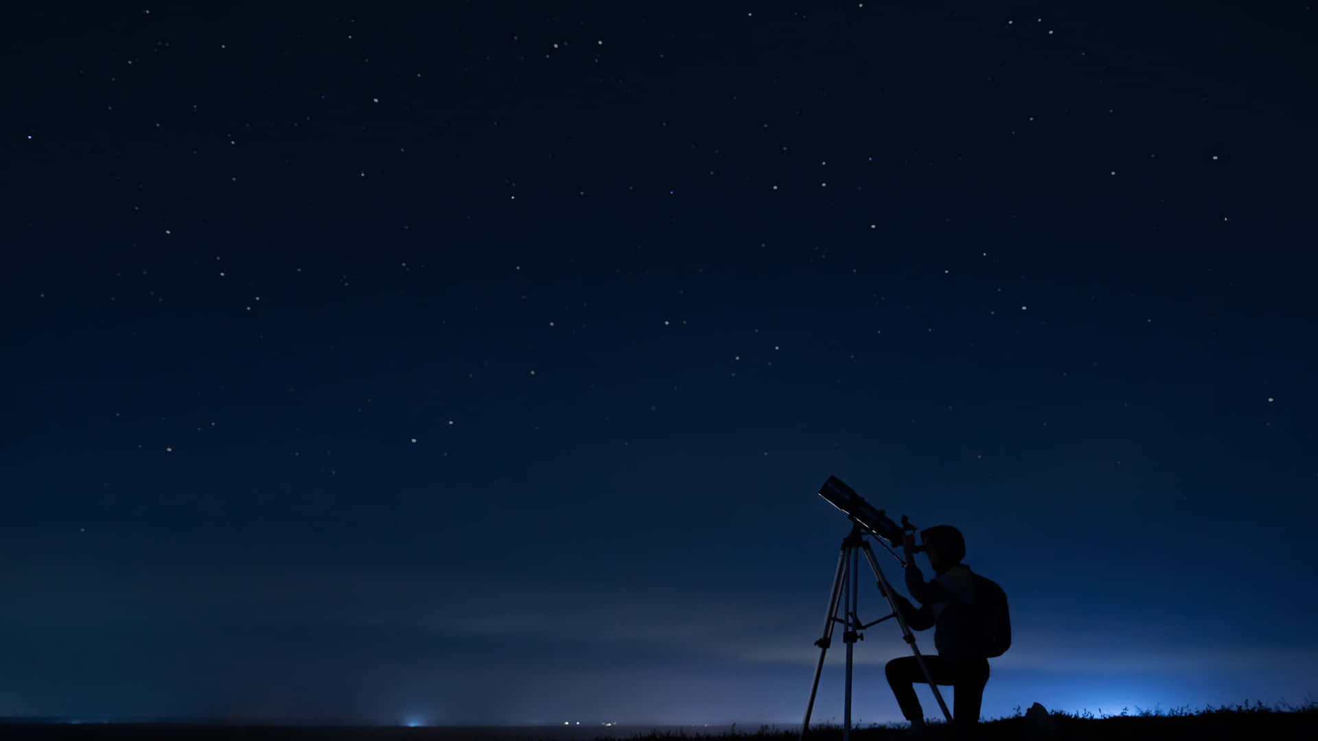 Man Silhouette With Astronomy Telescope Night Background