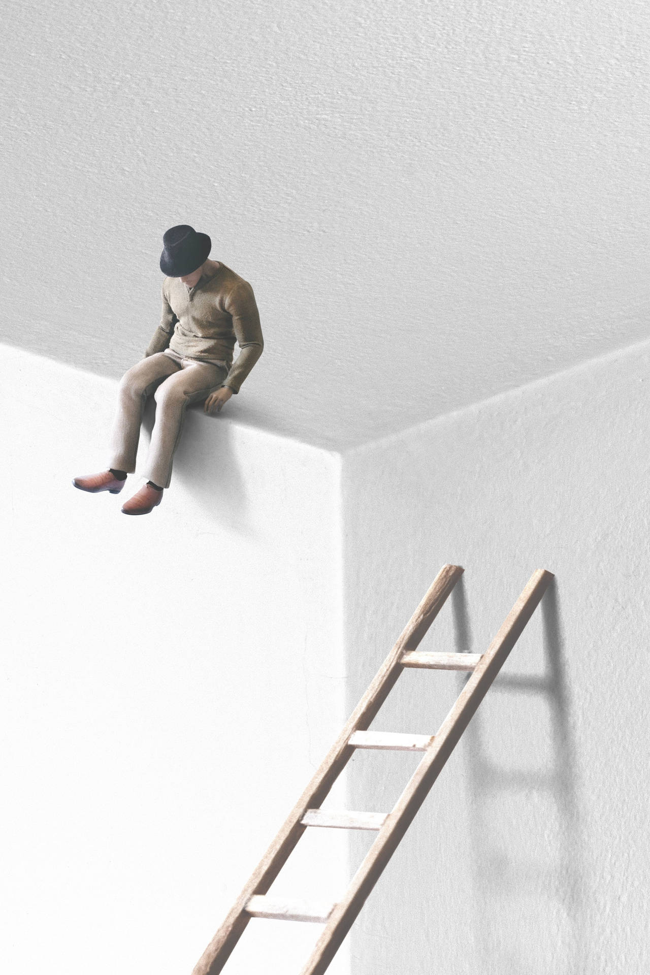 Man Sitting On A Ladder Contemplating Background