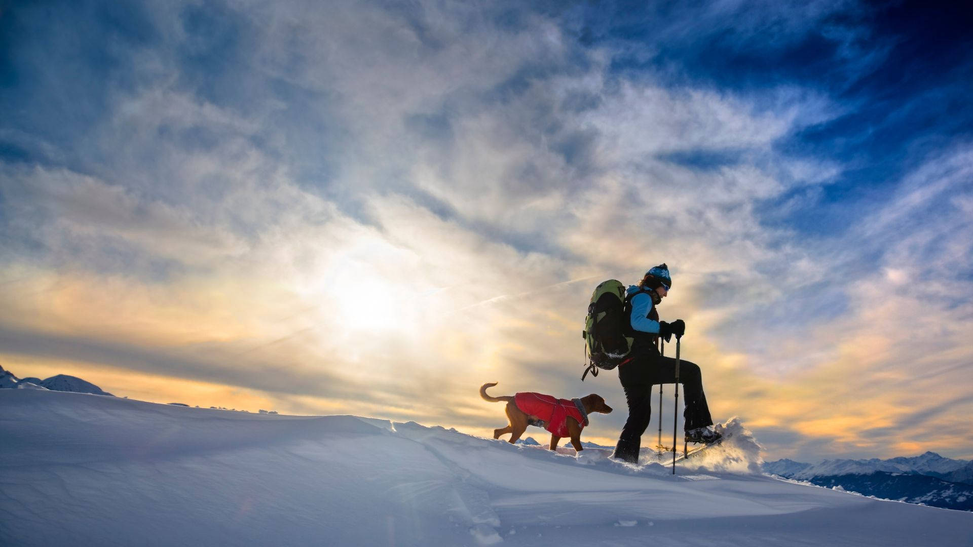 Man Snowshoeing With His Dog Background