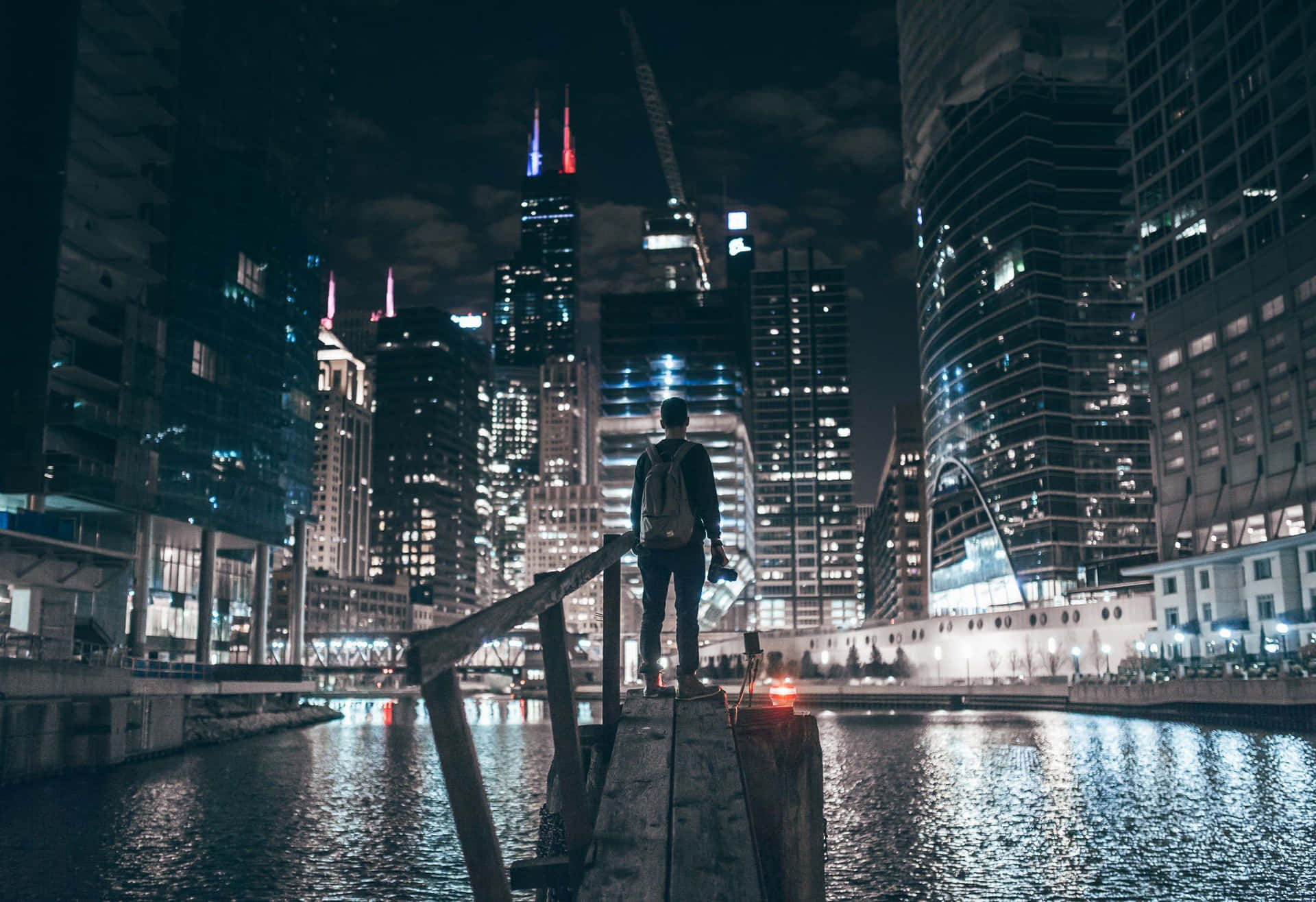 Man Standing In Chicago City Night