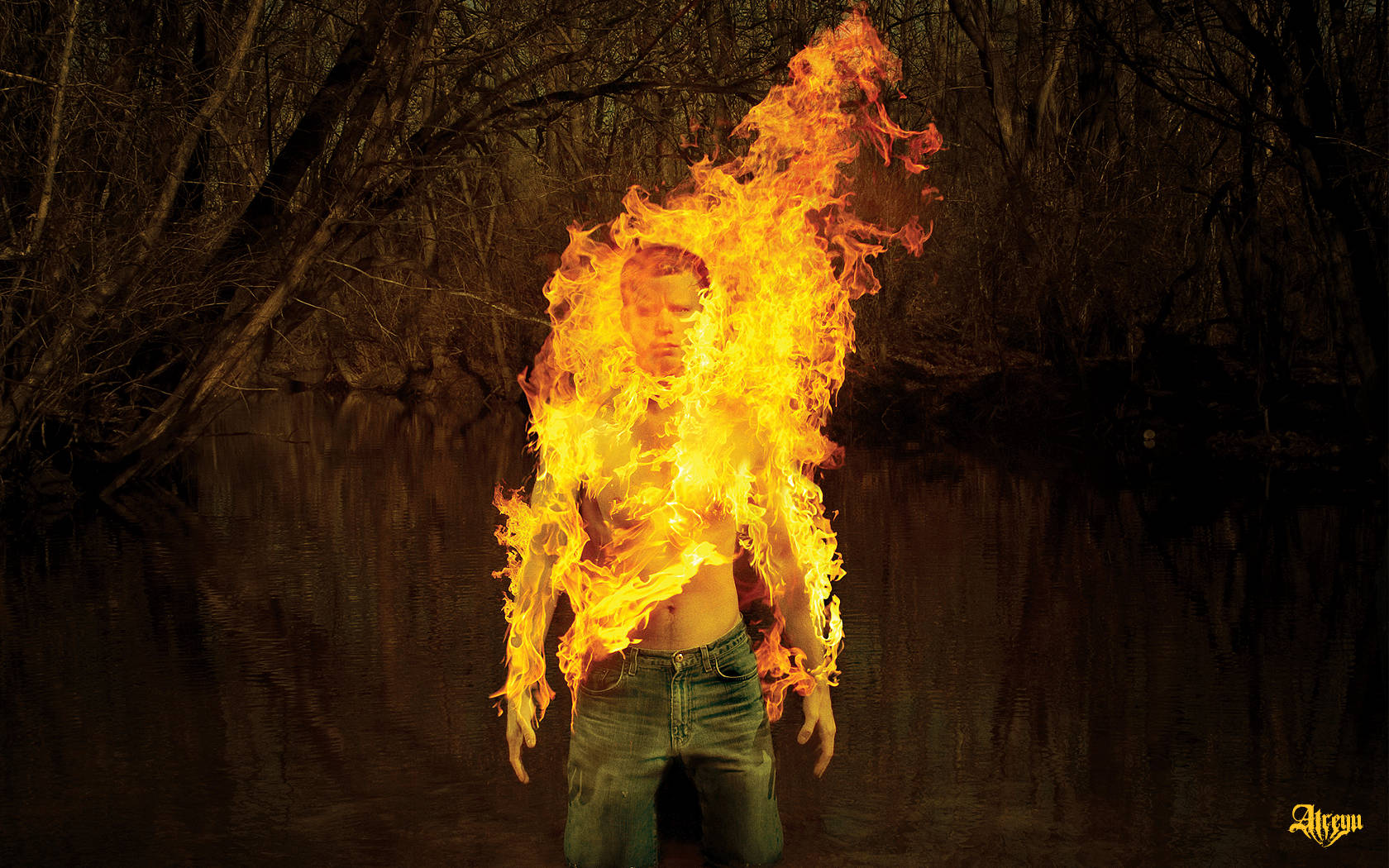 Man Standing On Fire Background