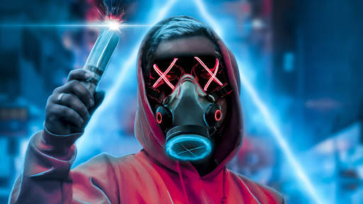 Man Wearing Gas Mask Neon Lights Background
