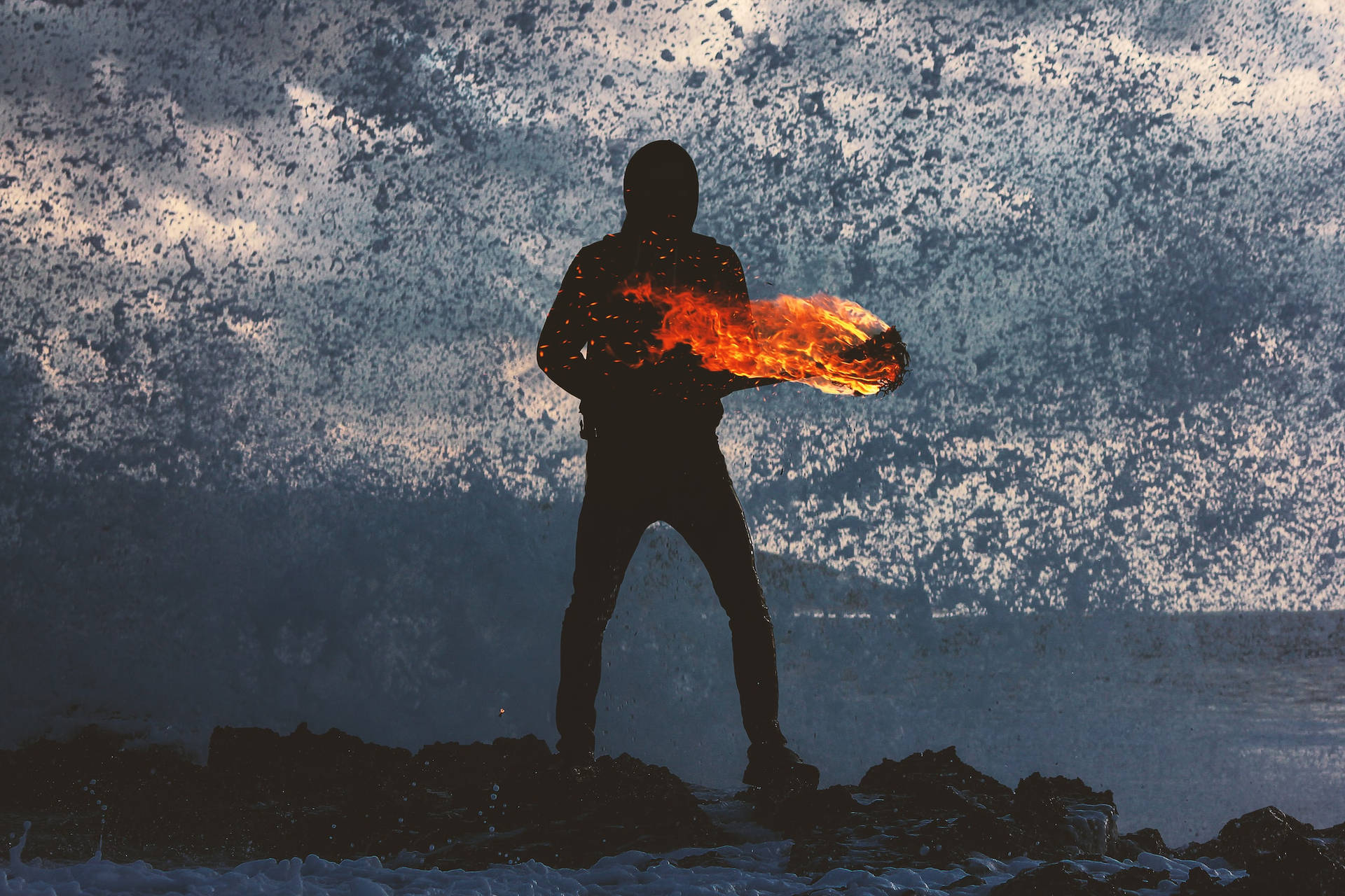 Man With A Torch Amidst A Distorted Background Profile