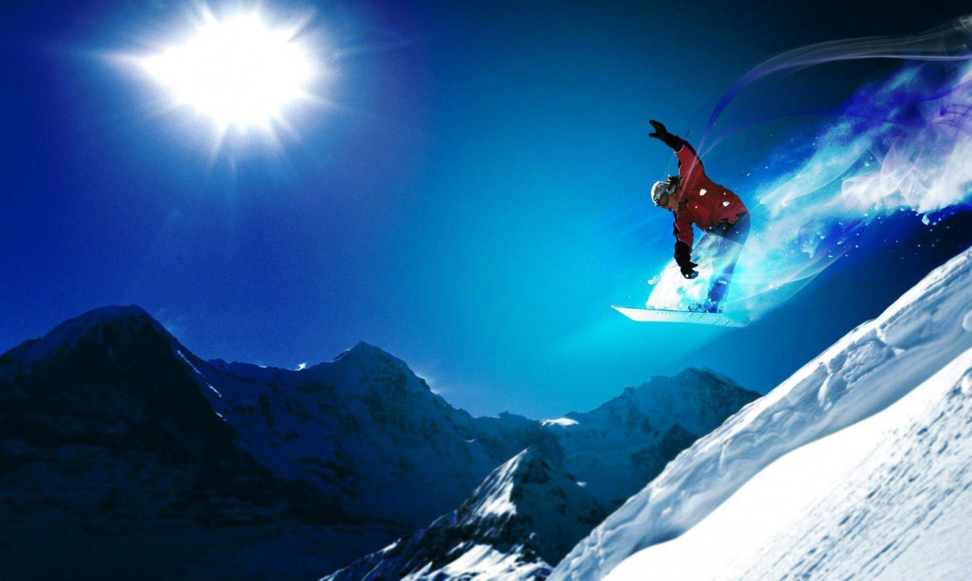 Man With Snowboard And Light Trails Background