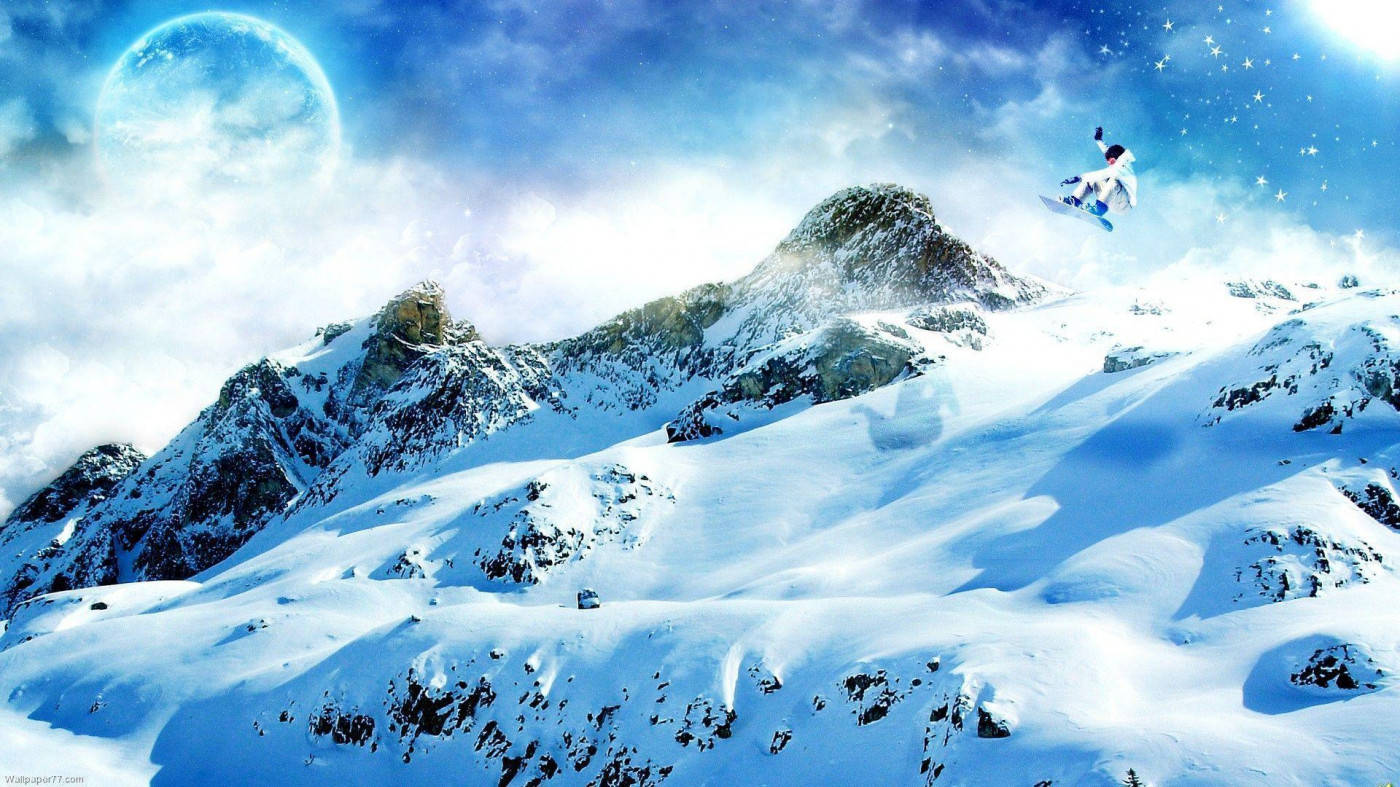 Man With Snowboard Leaping Over Snowy Mountains Background