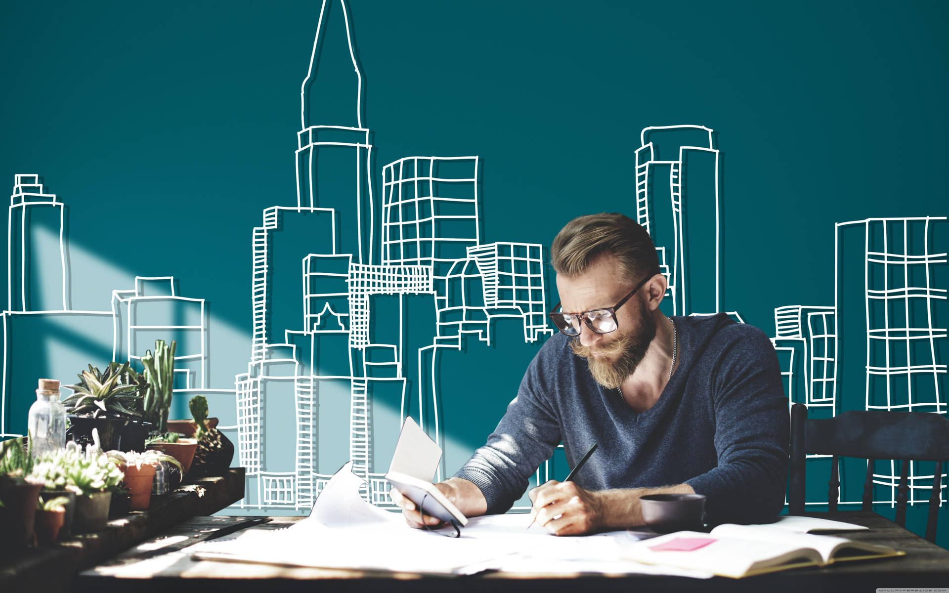 Man Working In Table Background