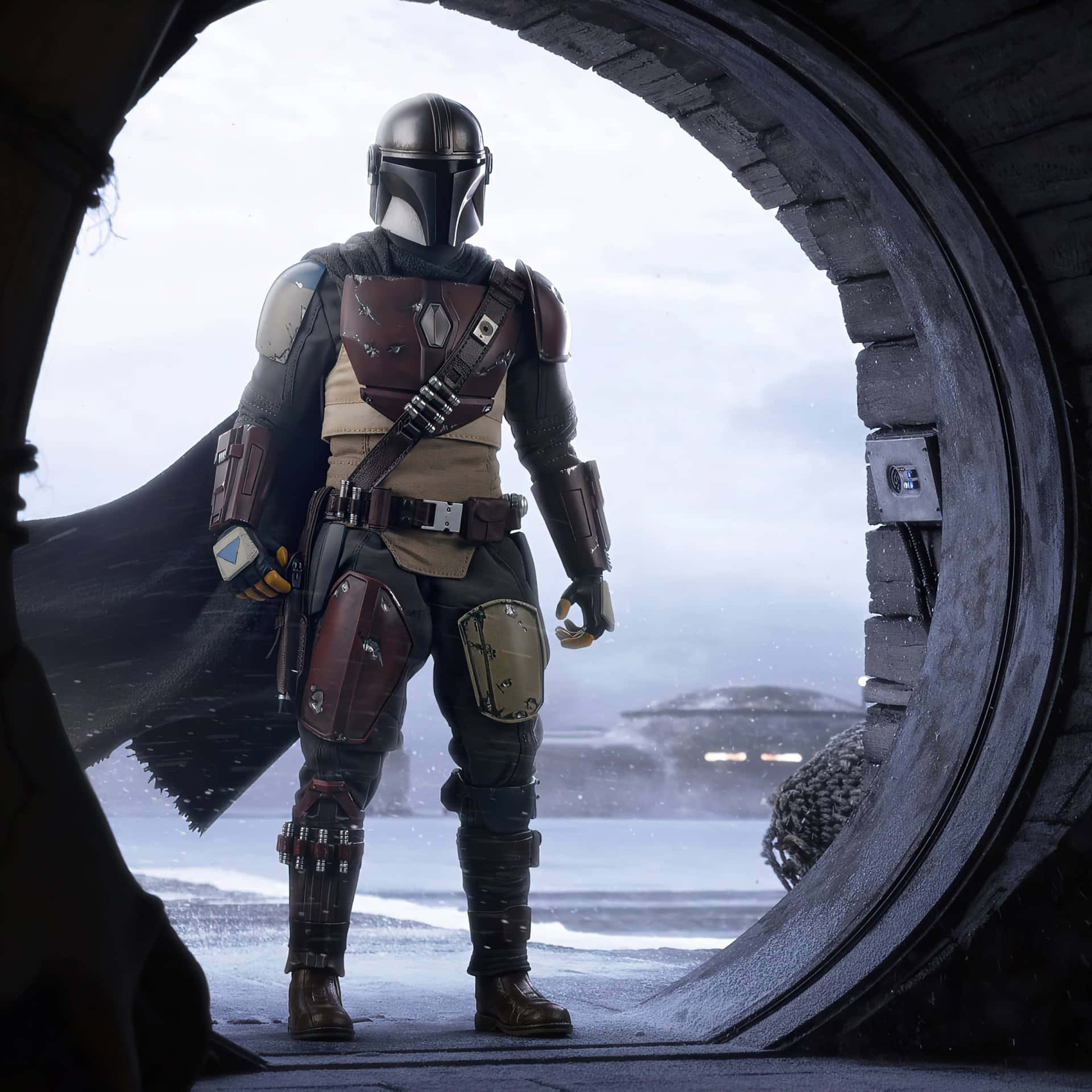 Mandalorian Looking Out From Spaceship Background