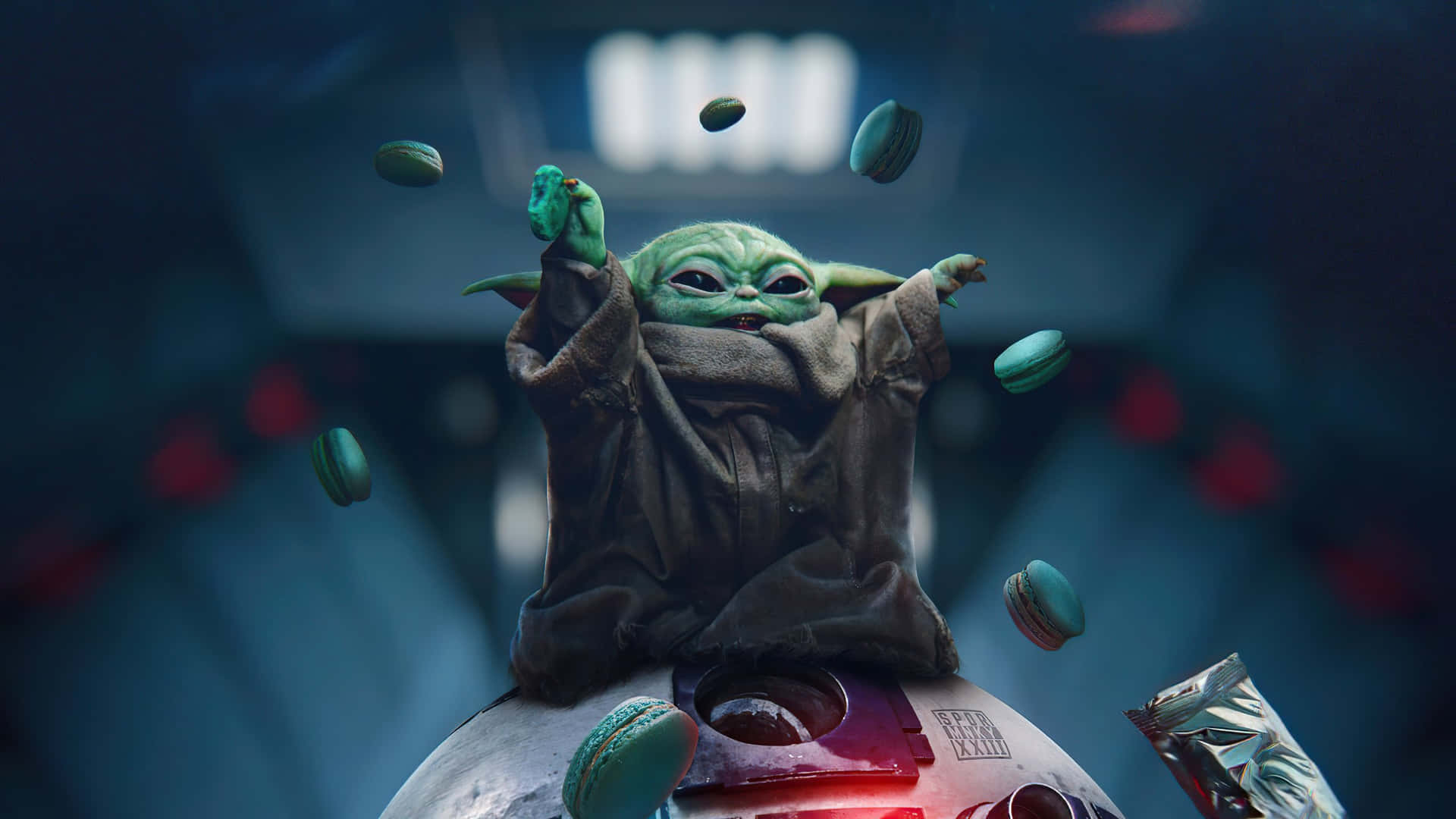 Mandalorian Yoda Eating Green Burgers Background