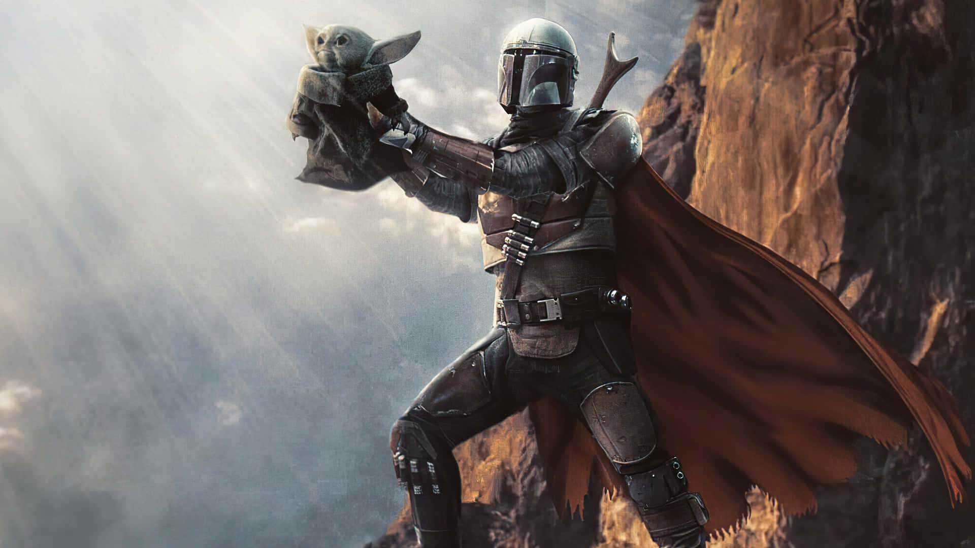 Mandalorian Yoda On A Cliff Background