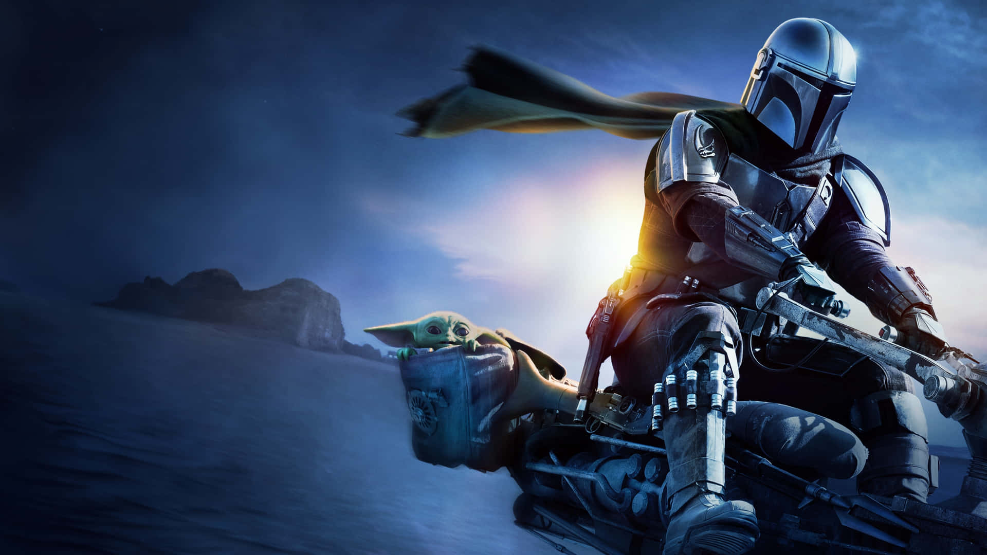 Mandalorian Yoda On A Motorcycle Background