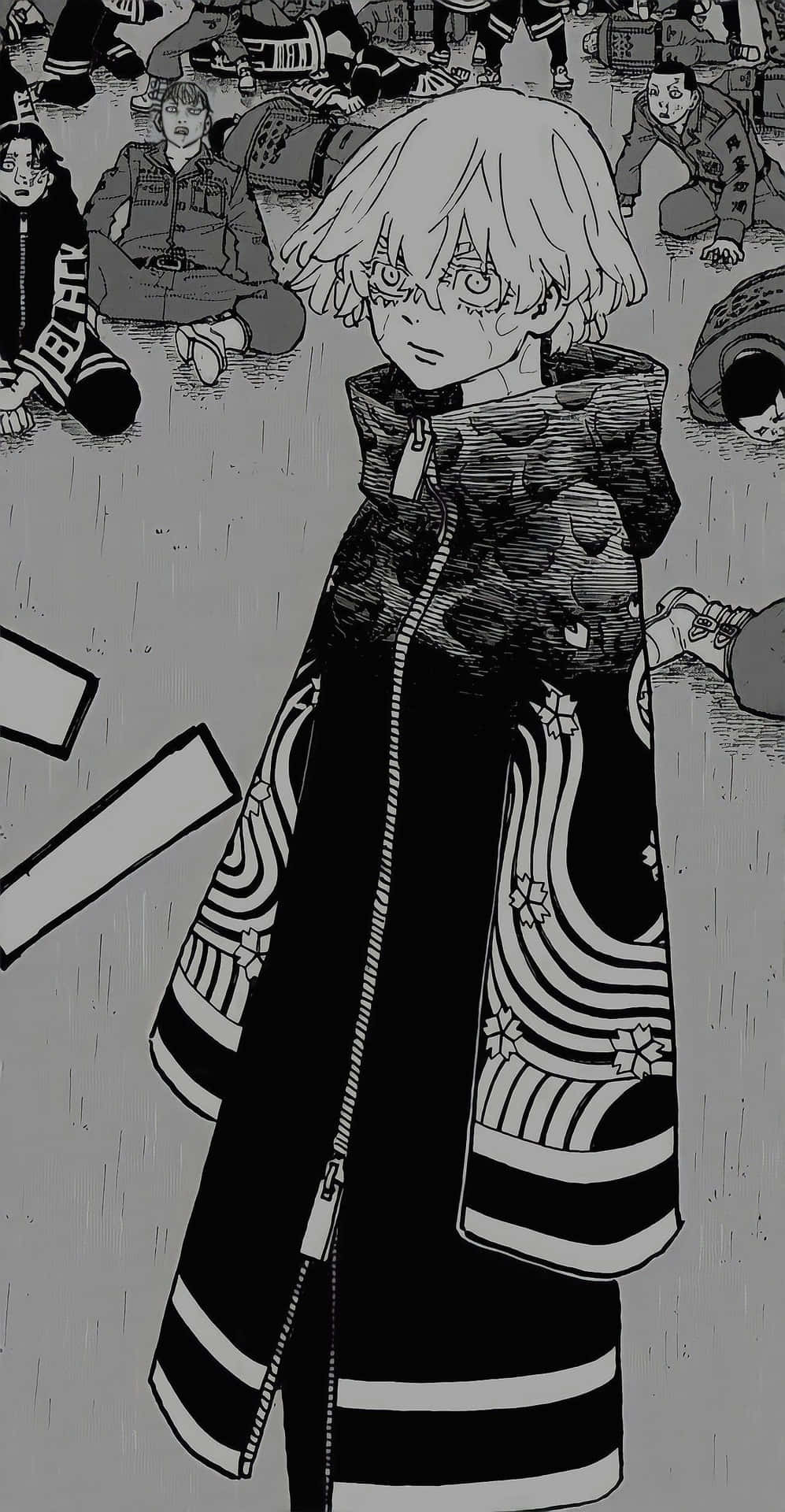 Manga Character Standing Among Fallen People Background