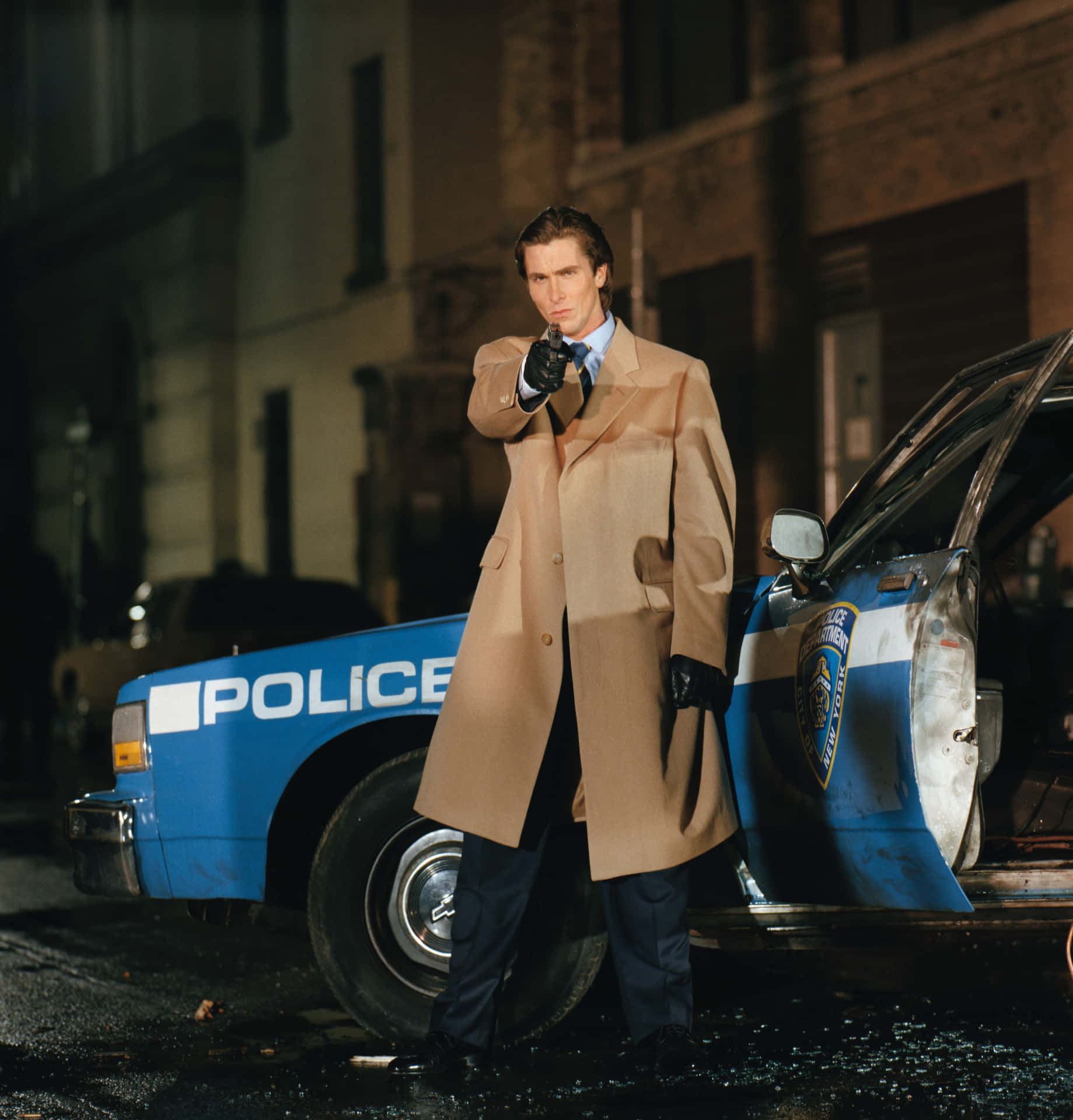 Manin Trench Coat Near Police Car Background