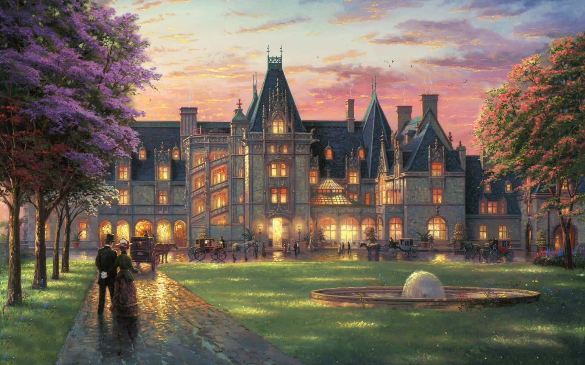 Mansion Painting At Sunset Background