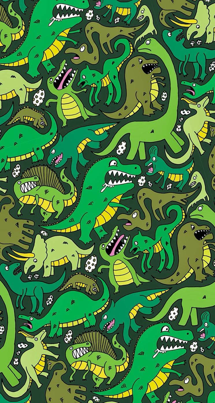 Many Green Dino Kawaii Iphone Background