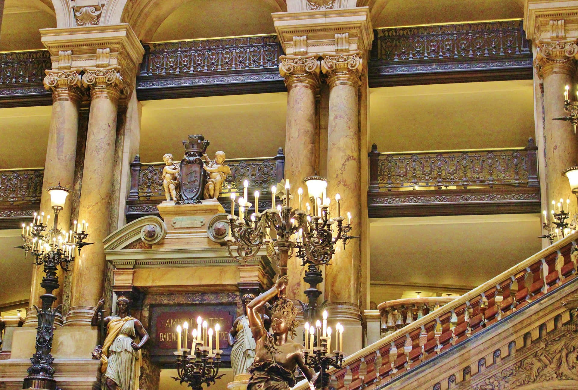 Marble Angel Statues At Paris Opera House Background