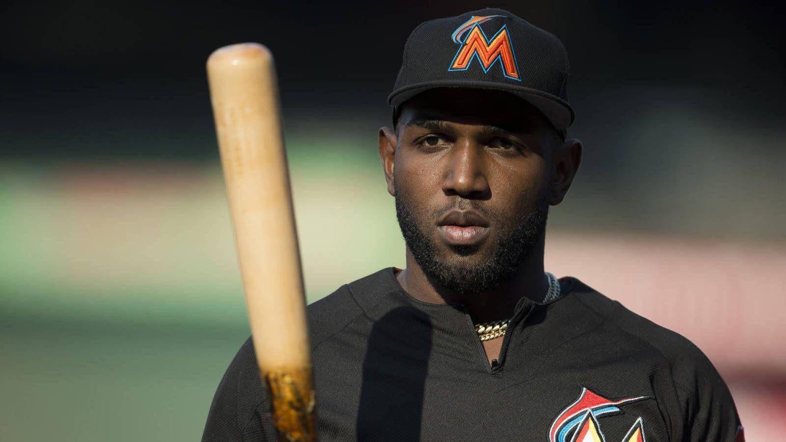 Marcell Ozuna With Baseball Bat In Front