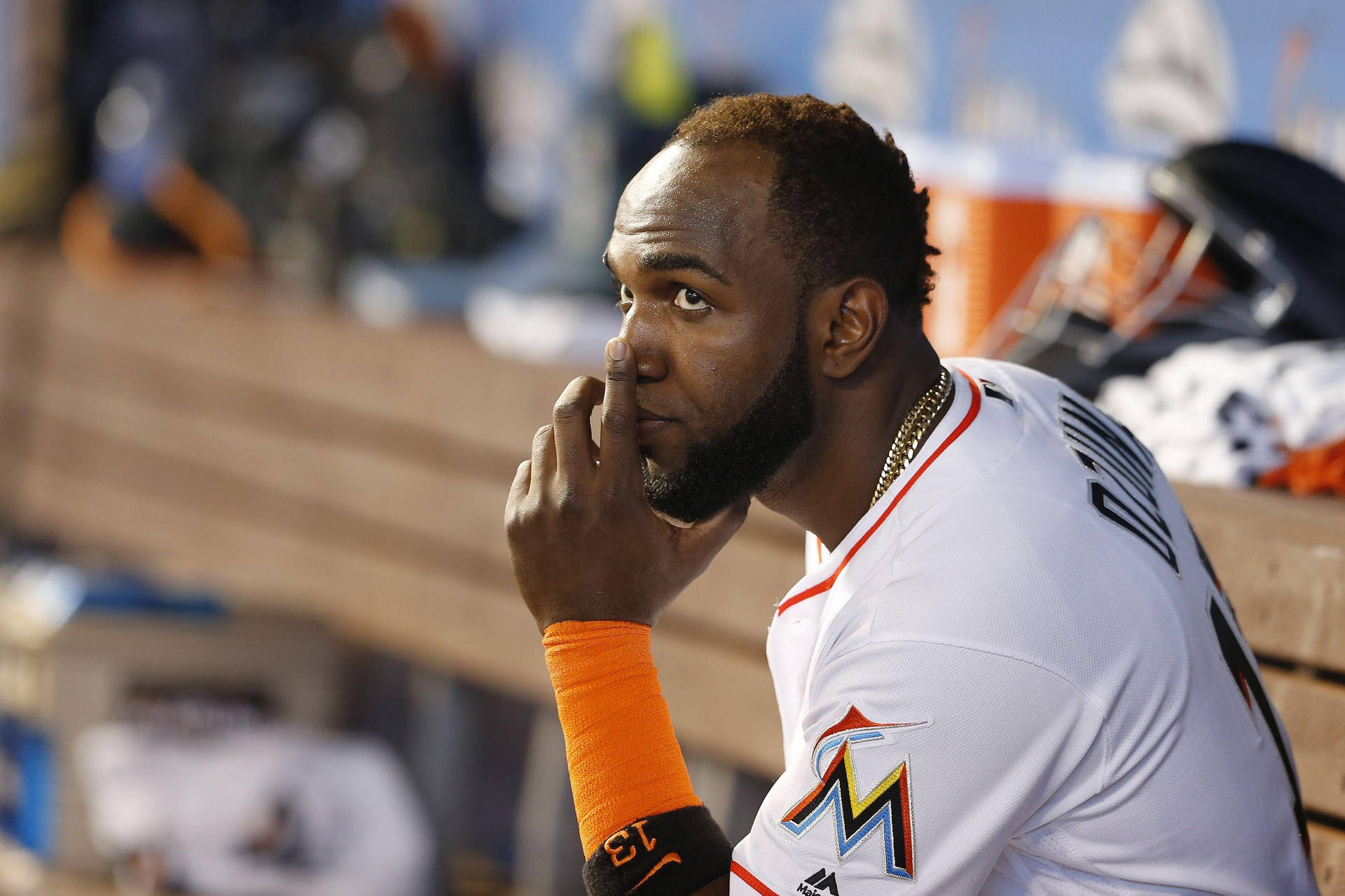 Marcell Ozuna With Thumb On Chin