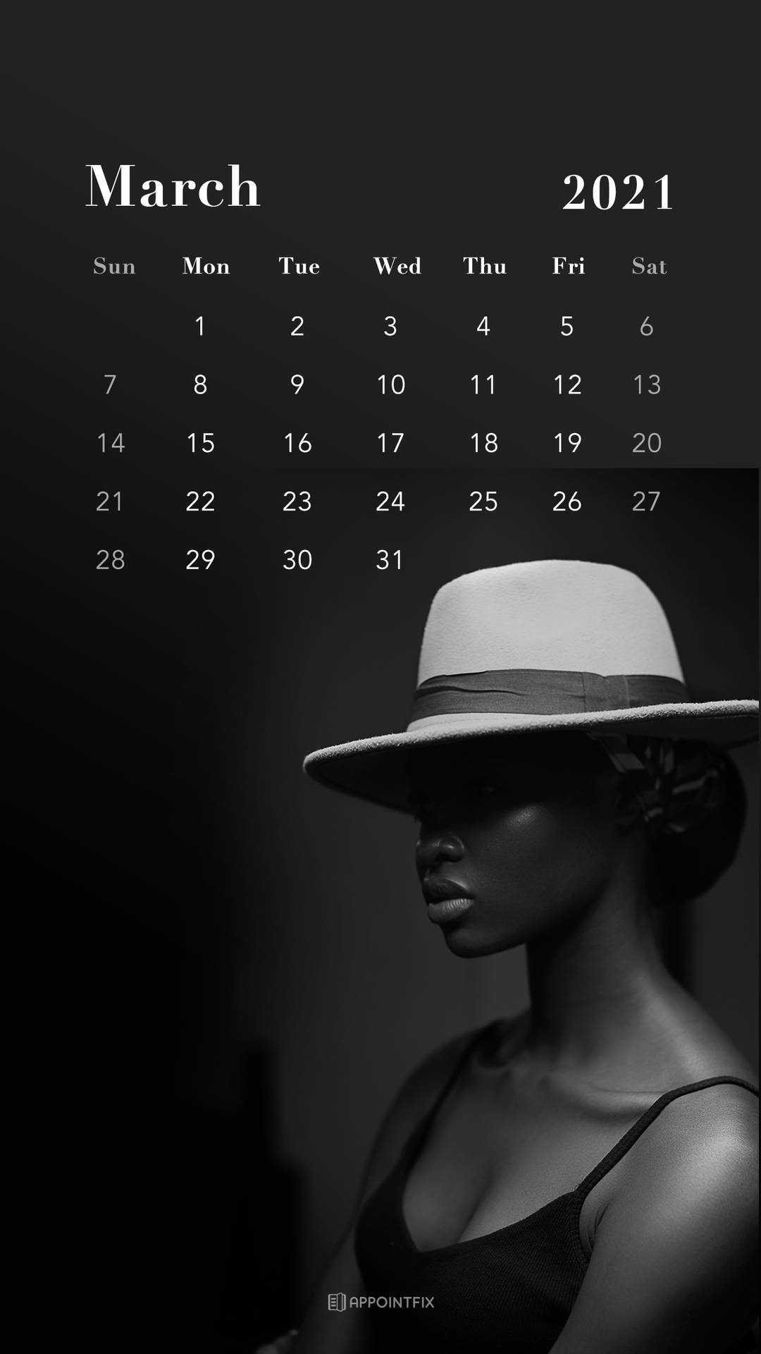 March 2021 Calendar With A Woman In A Hat Background