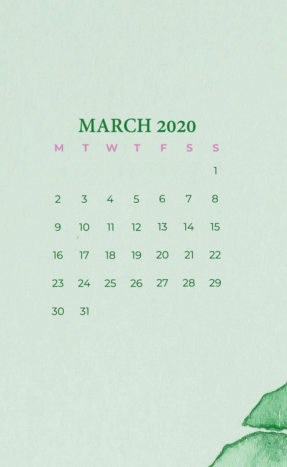 March Calendar In Green Shade Background