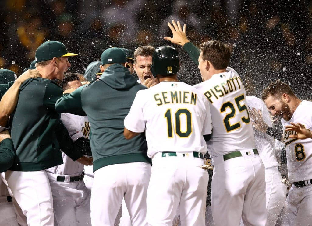 Marcus Semien Team Huddles To Celebrate Background