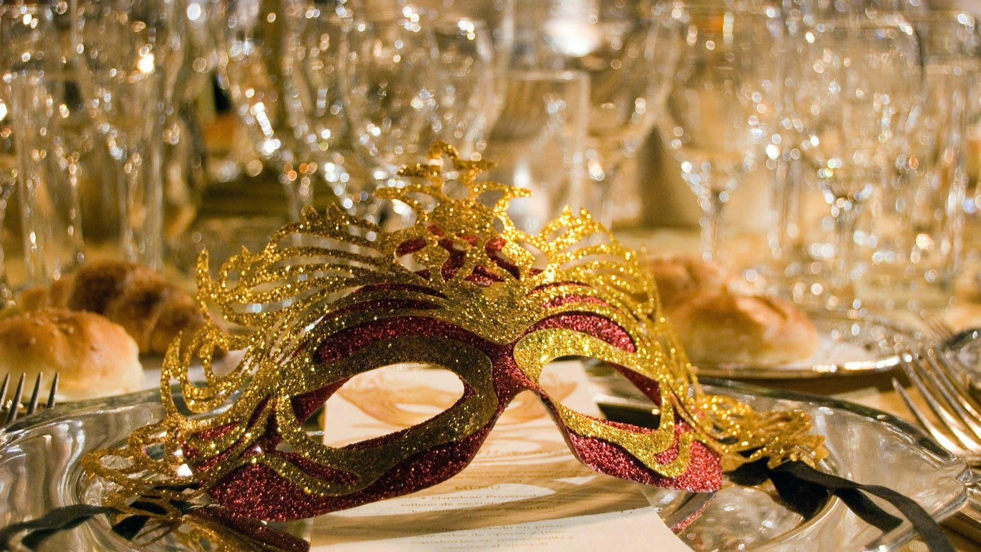 Mardi Gras Gold Glitter With Wine Glasses Background