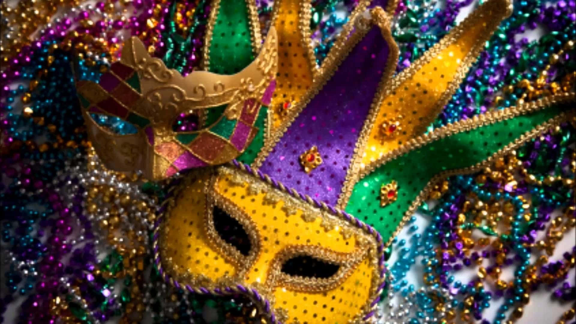 Mardi Gras Masks And Beads On A Table