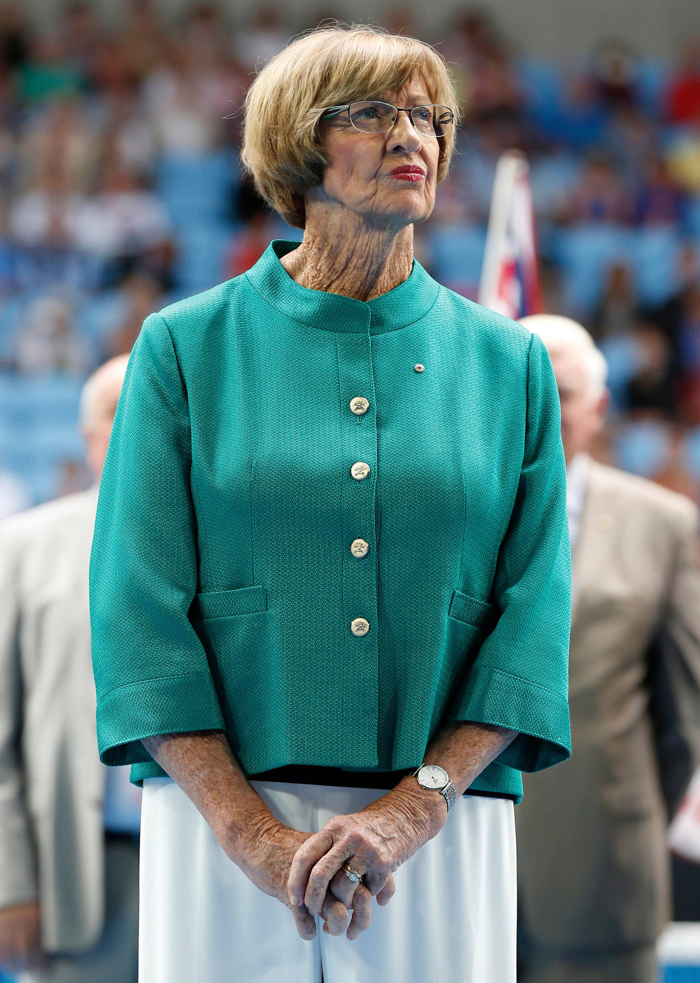 Margaret Court Holding A Tennis Racket With Intensity In Her Eyes.