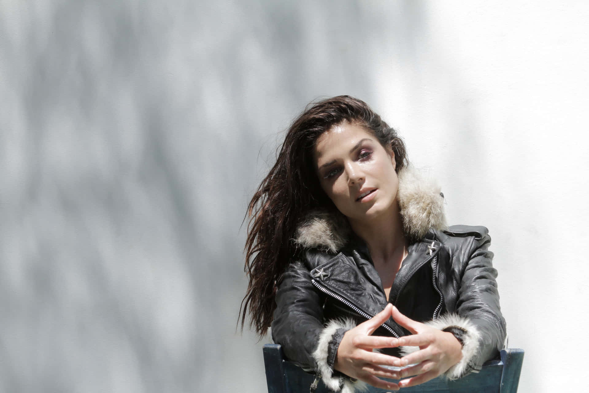 Marie Avgeropoulos Leather Jacket Portrait Background