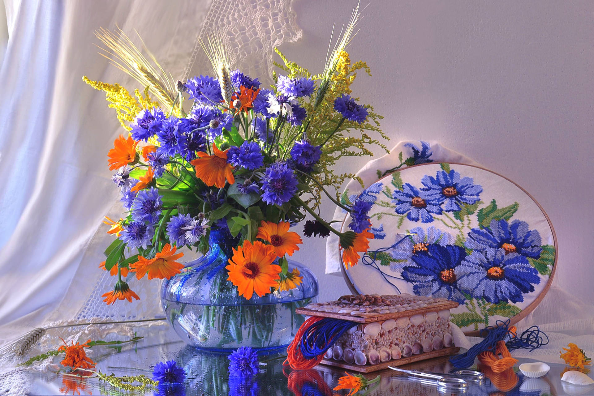 Marigold And Cornflower In Flower Vase