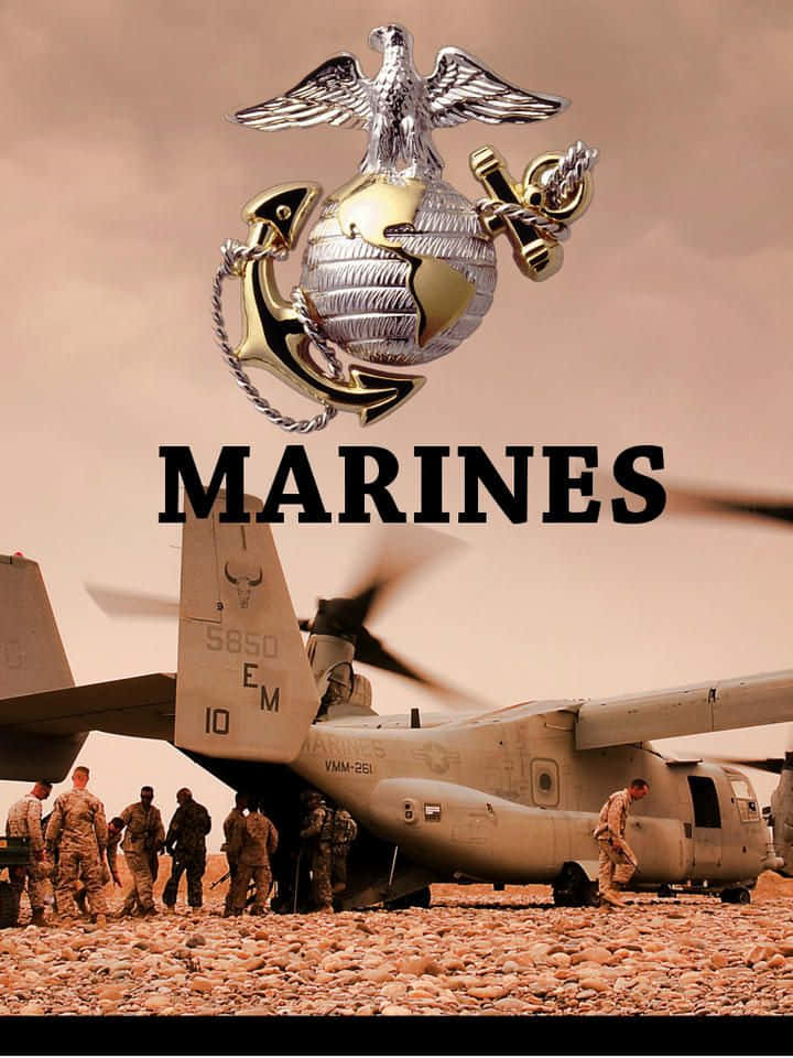 Marines - A Military Helicopter With Soldiers On The Ground Background