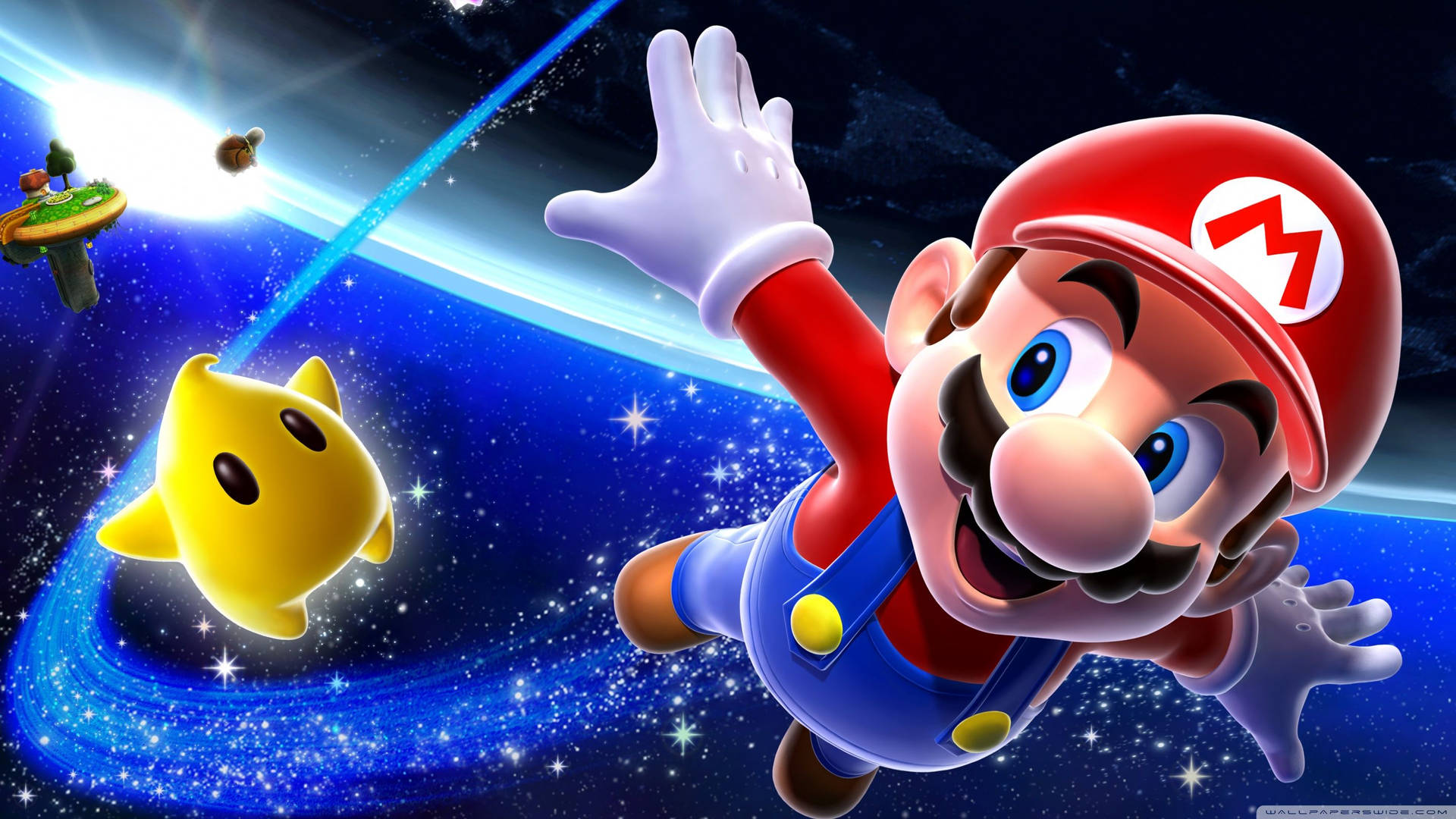 Mario And His Spaceship Flying In Space Background