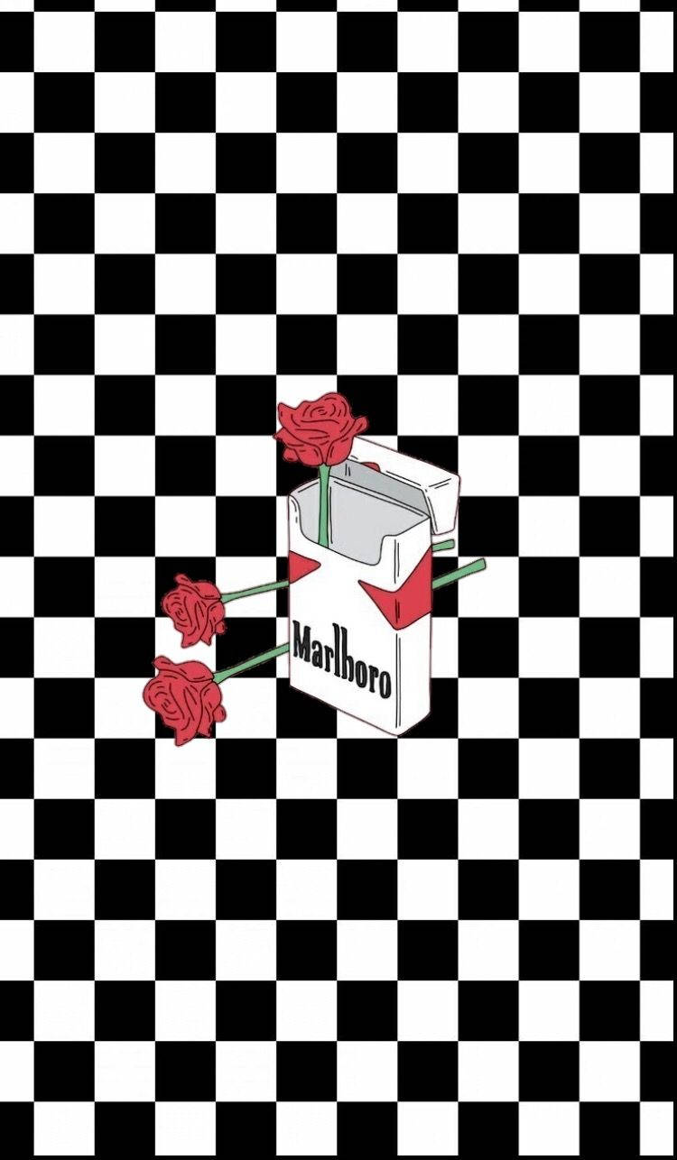 Marlboro And Roses On Black And White Squares Pattern Background