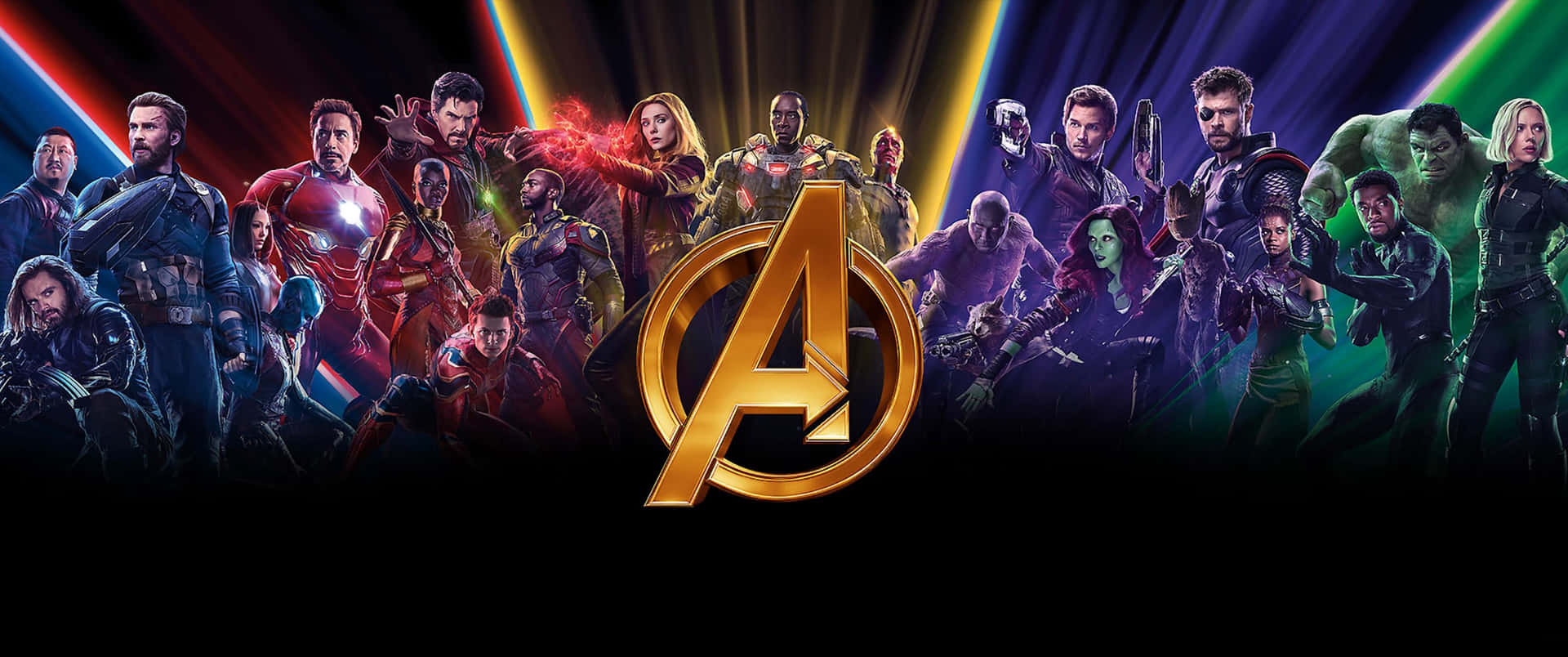 Marvel 3440 X 1440 Avengers Logo Against Superheroes Background