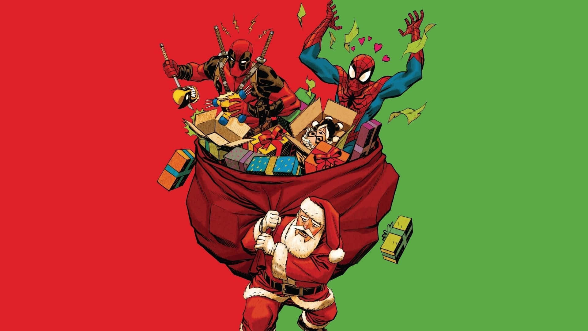 Marvel Christmas Spiderman And Deadpool Santa Background