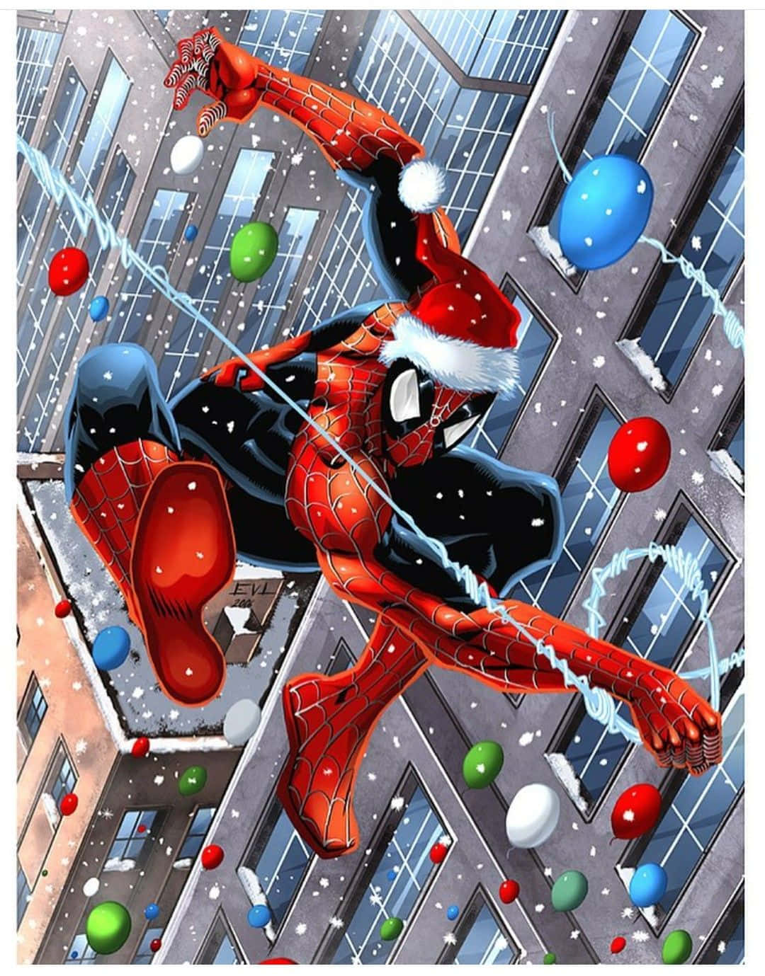 Marvel Christmas Spiderman Raining Colorful Balls Background