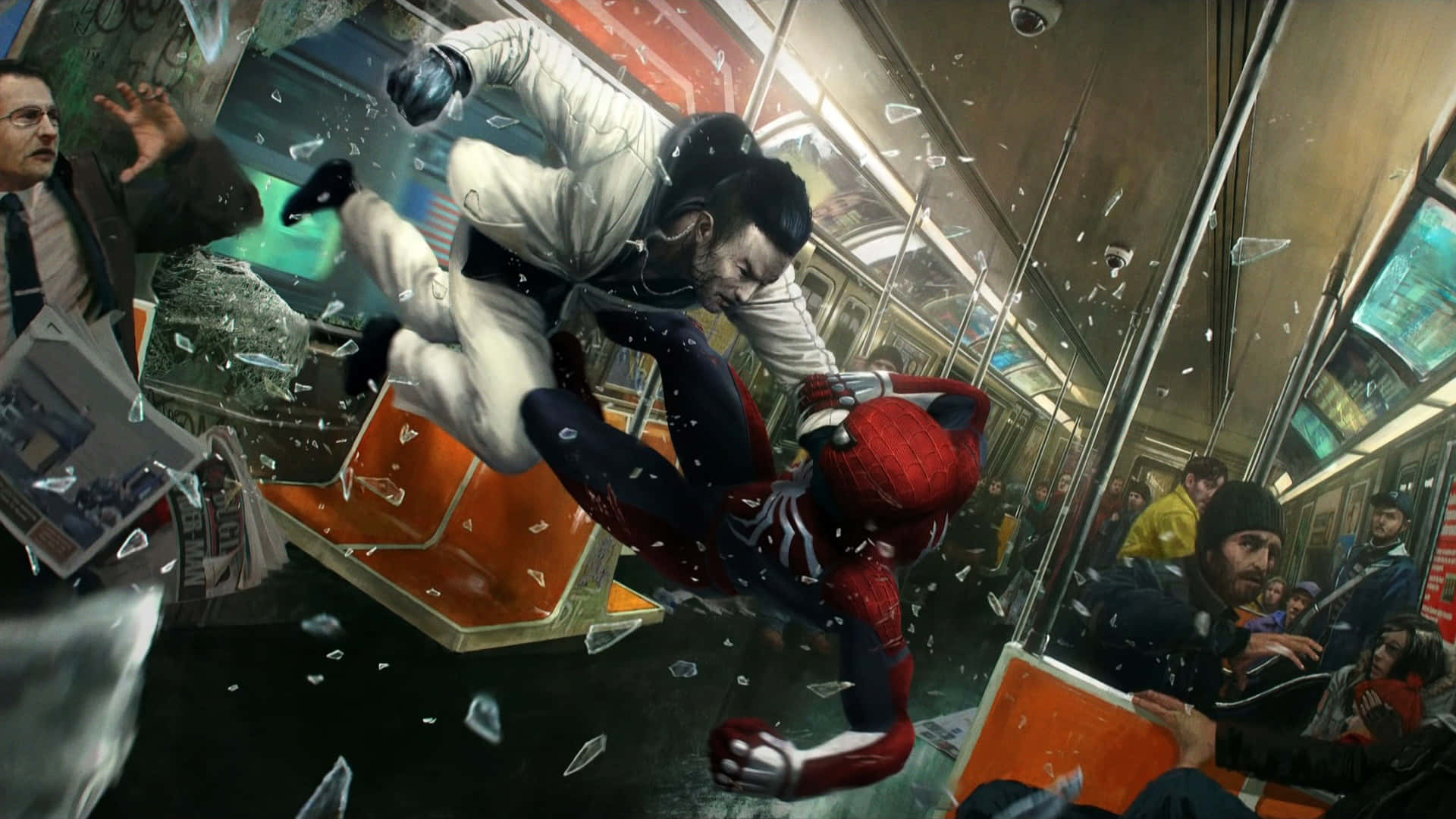 Marvel Ps4 Spiderman Fighting On The Subway Background