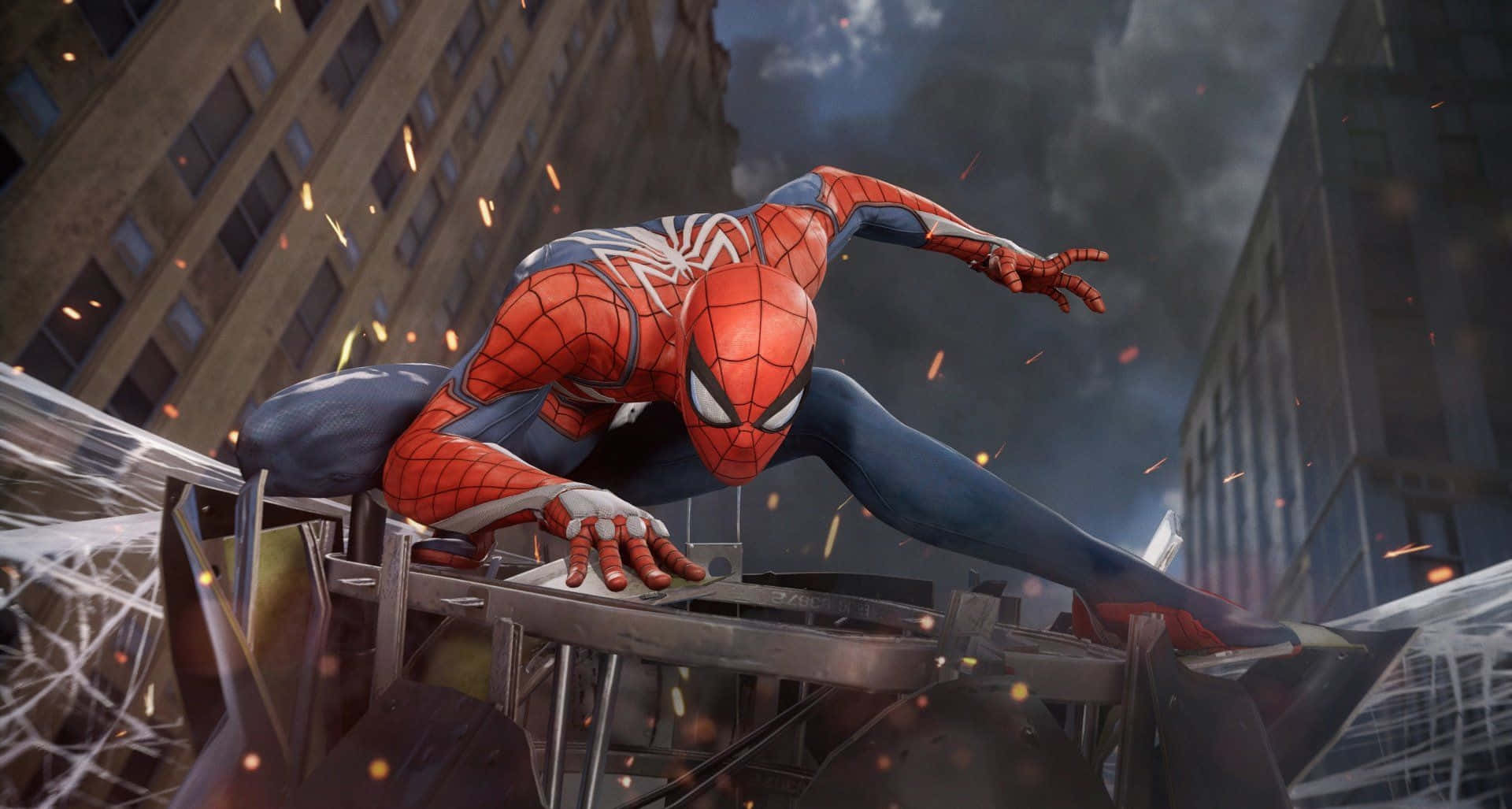 Marvel Ps4 Spiderman Posing On Debris Background
